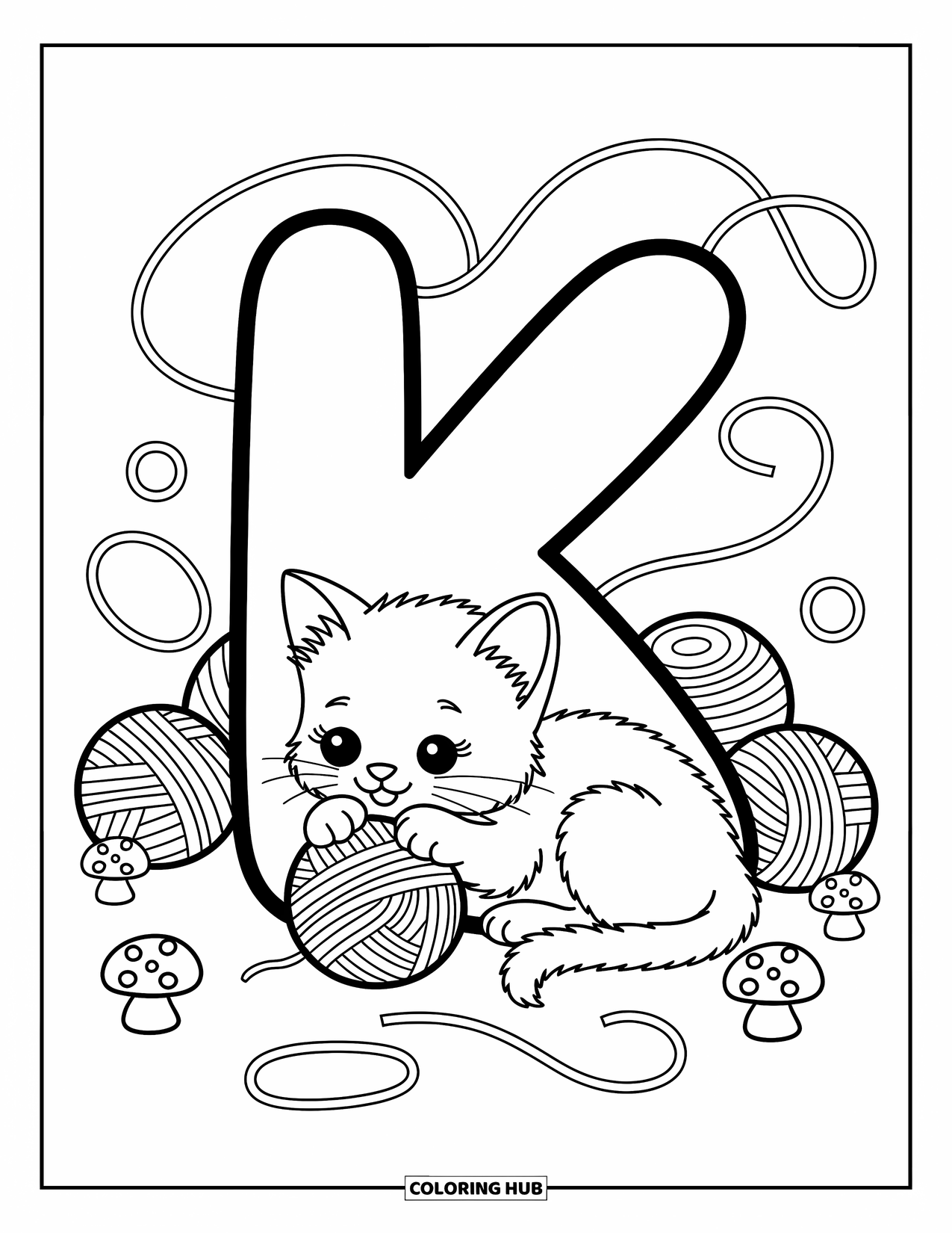 Letter K Coloring Page for Adults: K and a kitten play with yarn in a cozy little scene