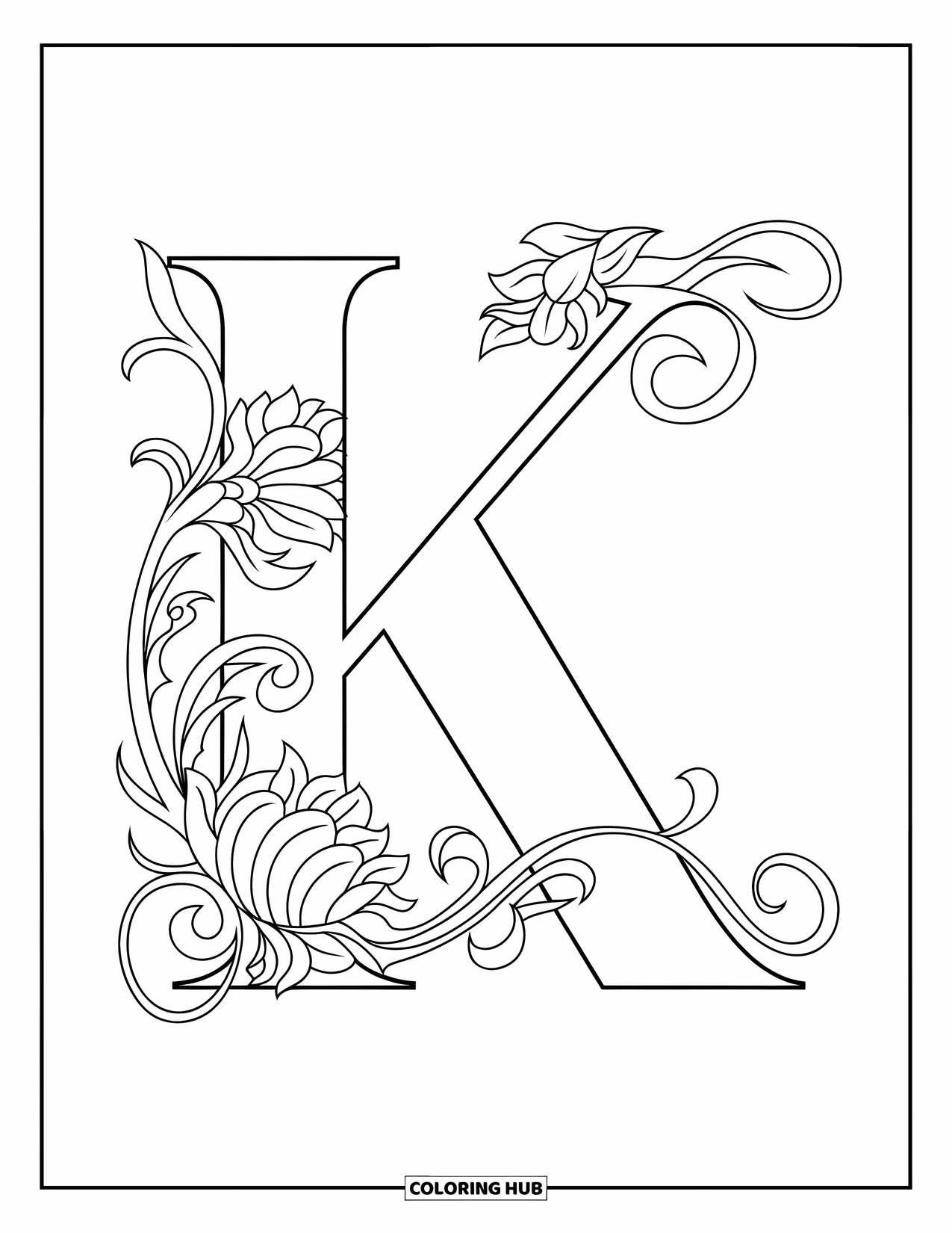Letter K Coloring Page for Adults: K is hugged by swirling floral lines and thin curling vines