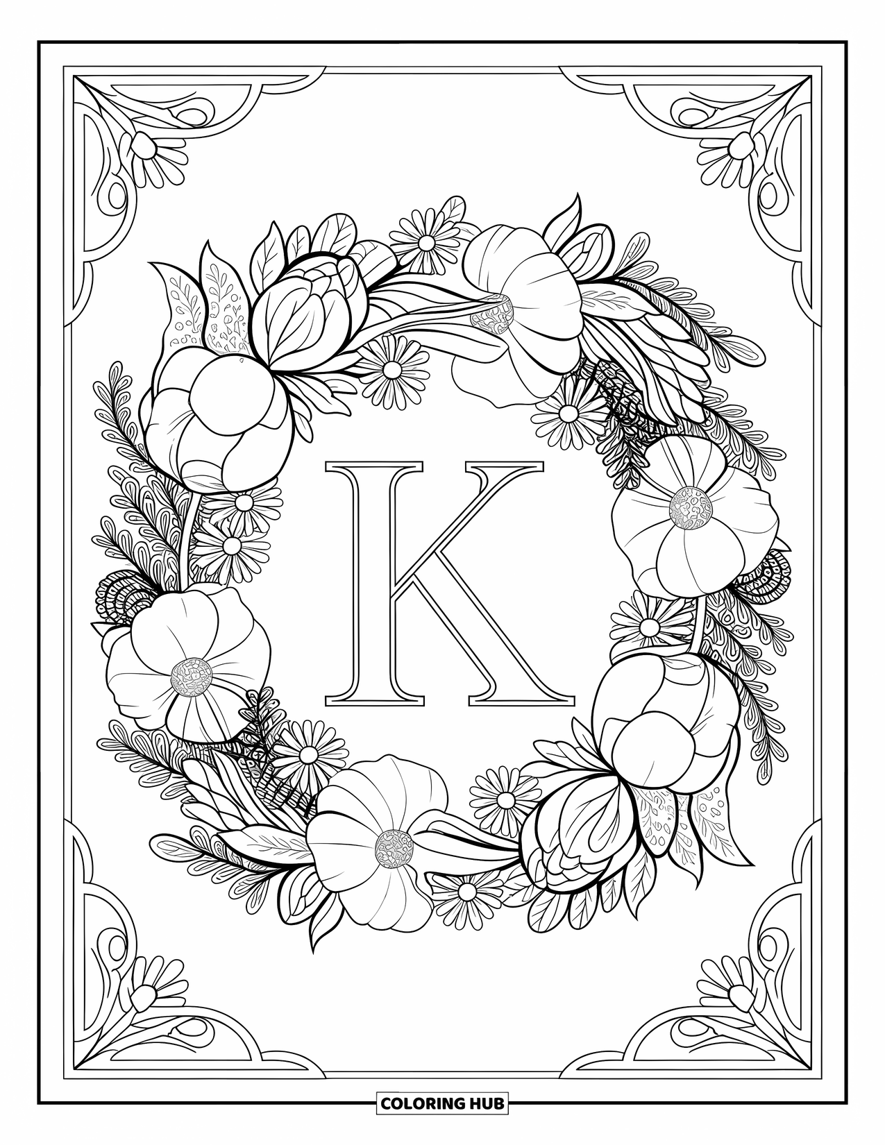 Letter K Coloring Page for Adults: K is placed inside a wreath of peonies, daisies, and herbs