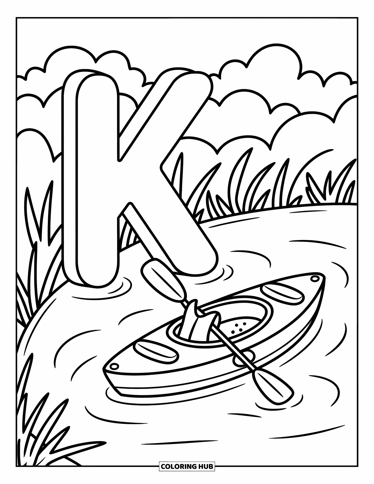 Letter K Coloring Page for Adults: K lounges by a river with a kayak and tiny life vest