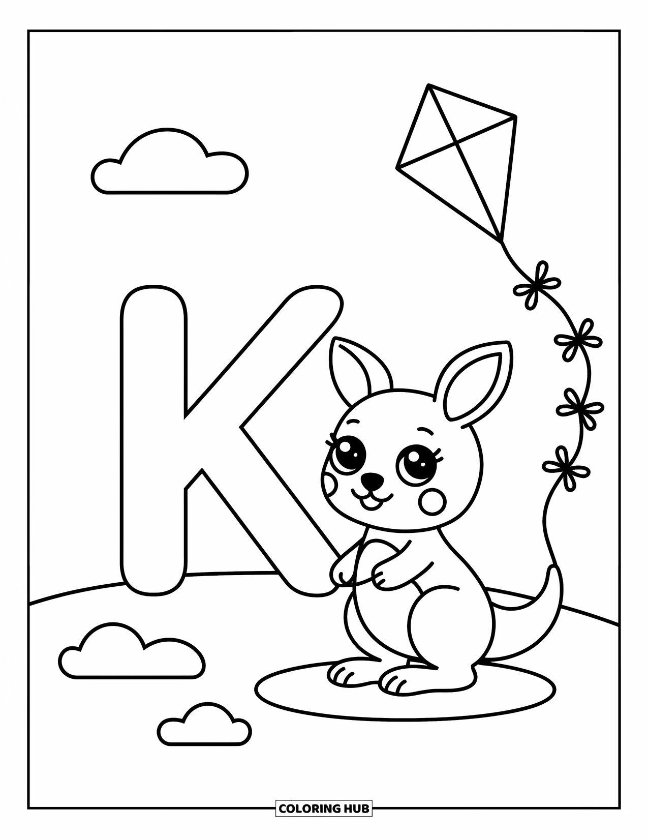 Letter K Coloring Page for Adults: K stands with a kangaroo flying a kite on a gentle hill