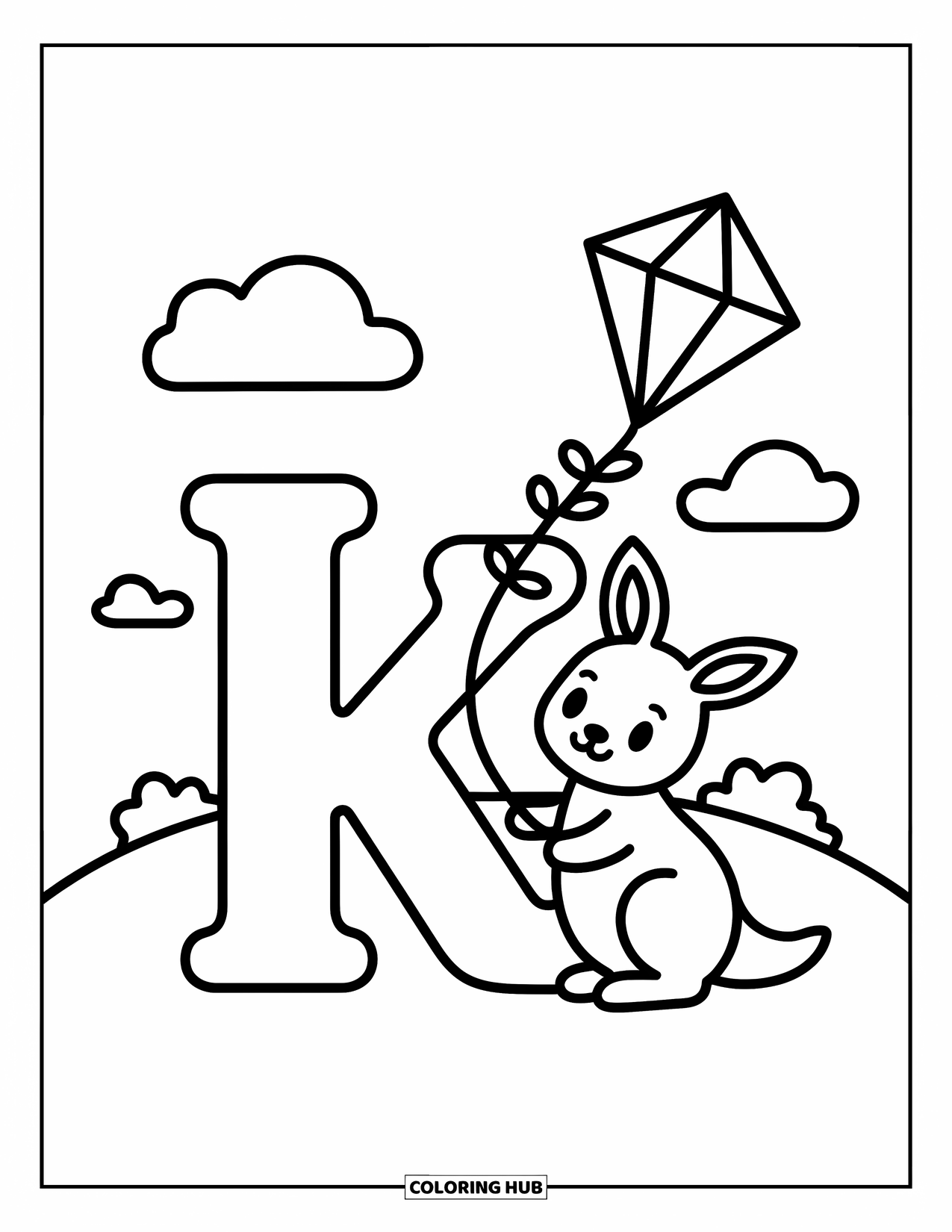 Letter K Coloring Page for Adults: Kangaroo beside K holds a kite string under fluffy clouds