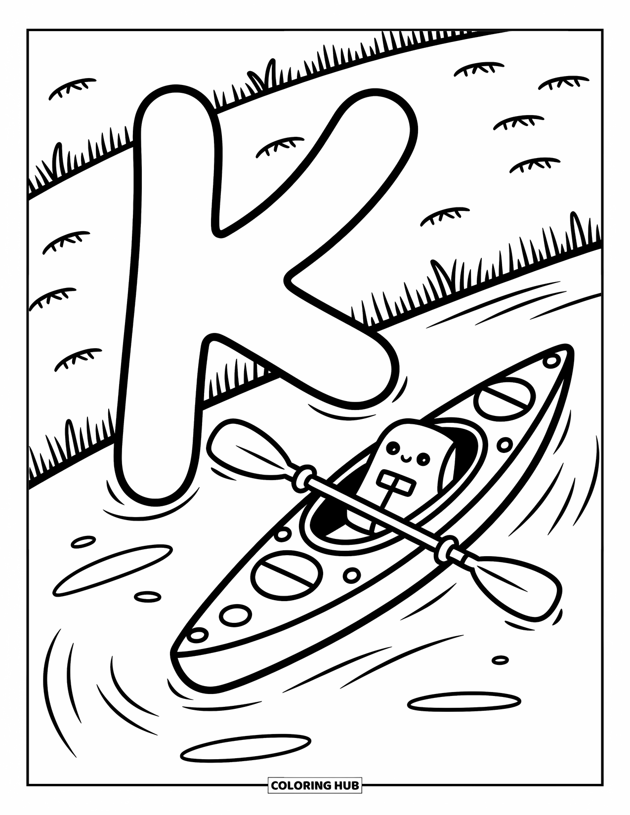 Letter K Coloring Page for Adults: Kayak and life vest float near a playful K on the river's edge