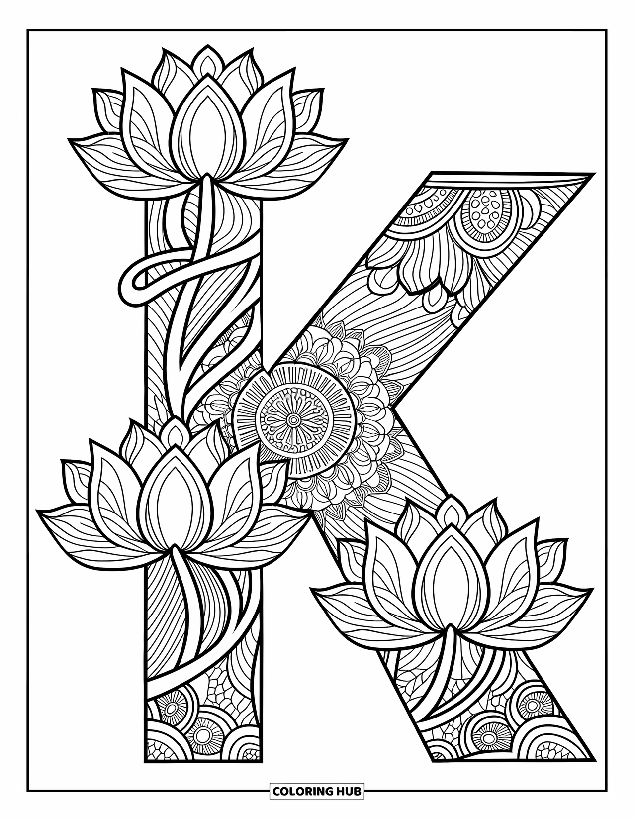 Letter K Coloring Page for Adults: Lotus flowers and vines form a mandala around the letter K