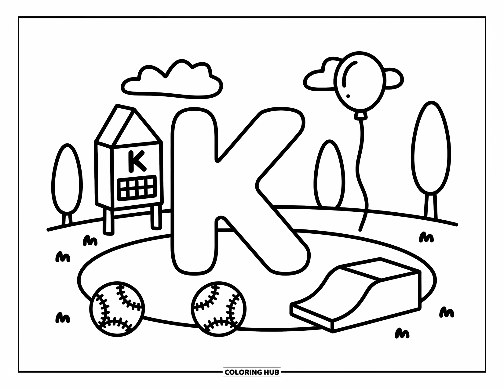 Letter K Coloring Page for Adults: Playful K in a mini playground with a kickball and a balloon