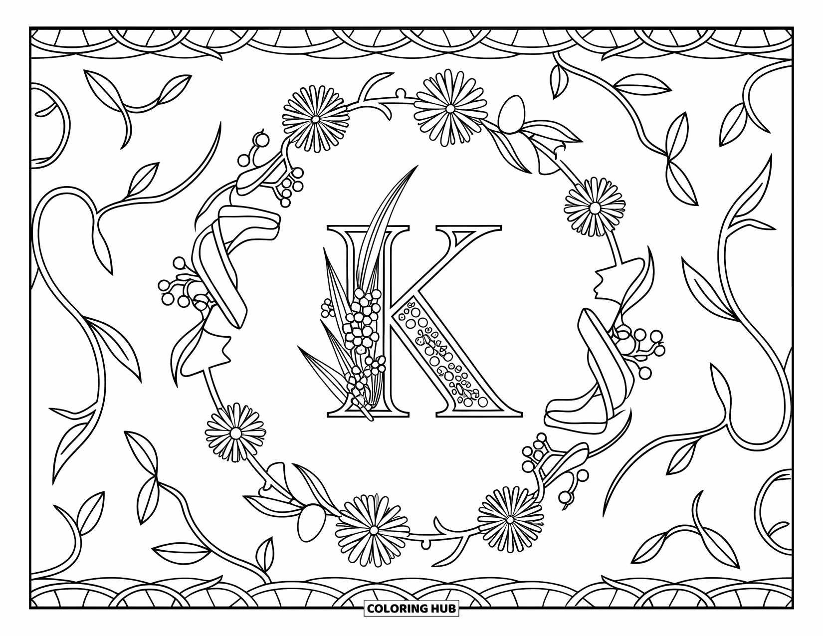 Letter K Coloring Page for Adults: Wildflowers, vines, and curled ribbons surround the letter K