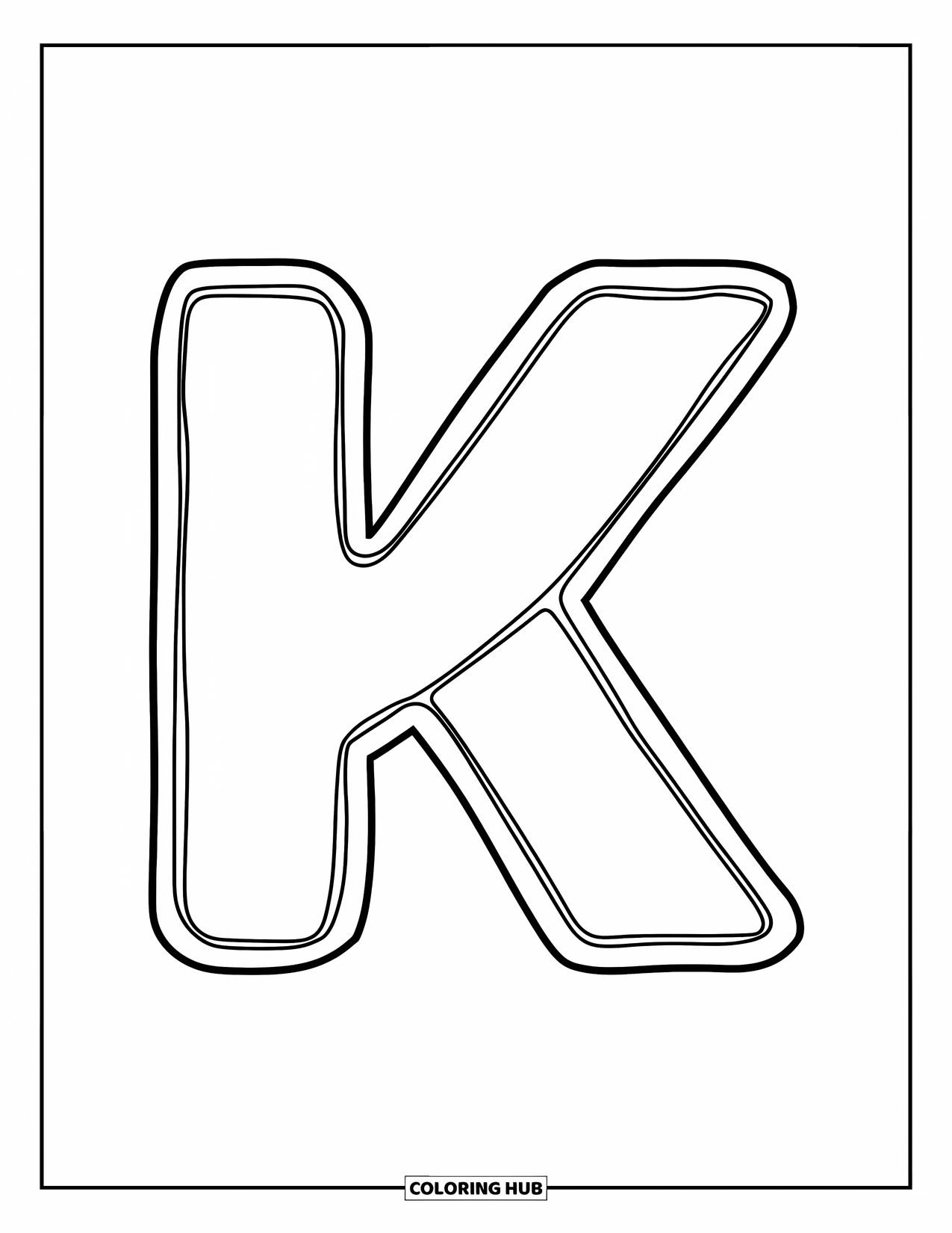 Letter K Coloring Page for Kids: A bold and playful capital K centered on a clean white background