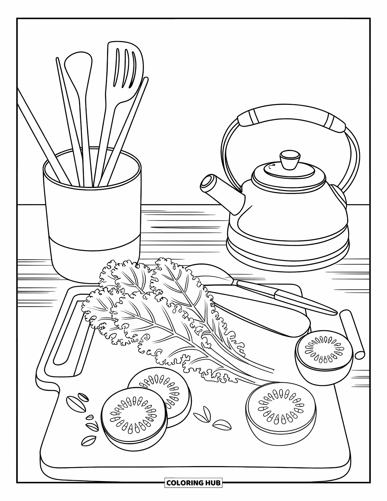 Letter K Coloring Page for Kids: A chopping board holds kale, kiwi, and kitchen utensils in a tidy setup