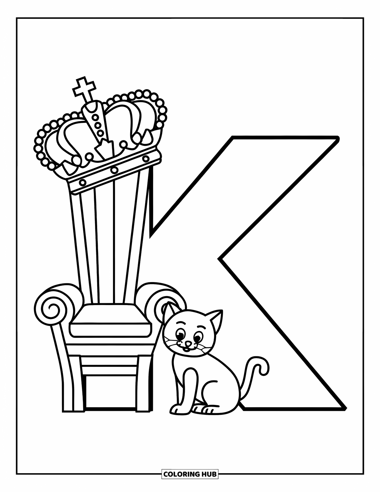 Letter K Coloring Page for Kids: A crown and throne sit on K while a kitten relaxes below