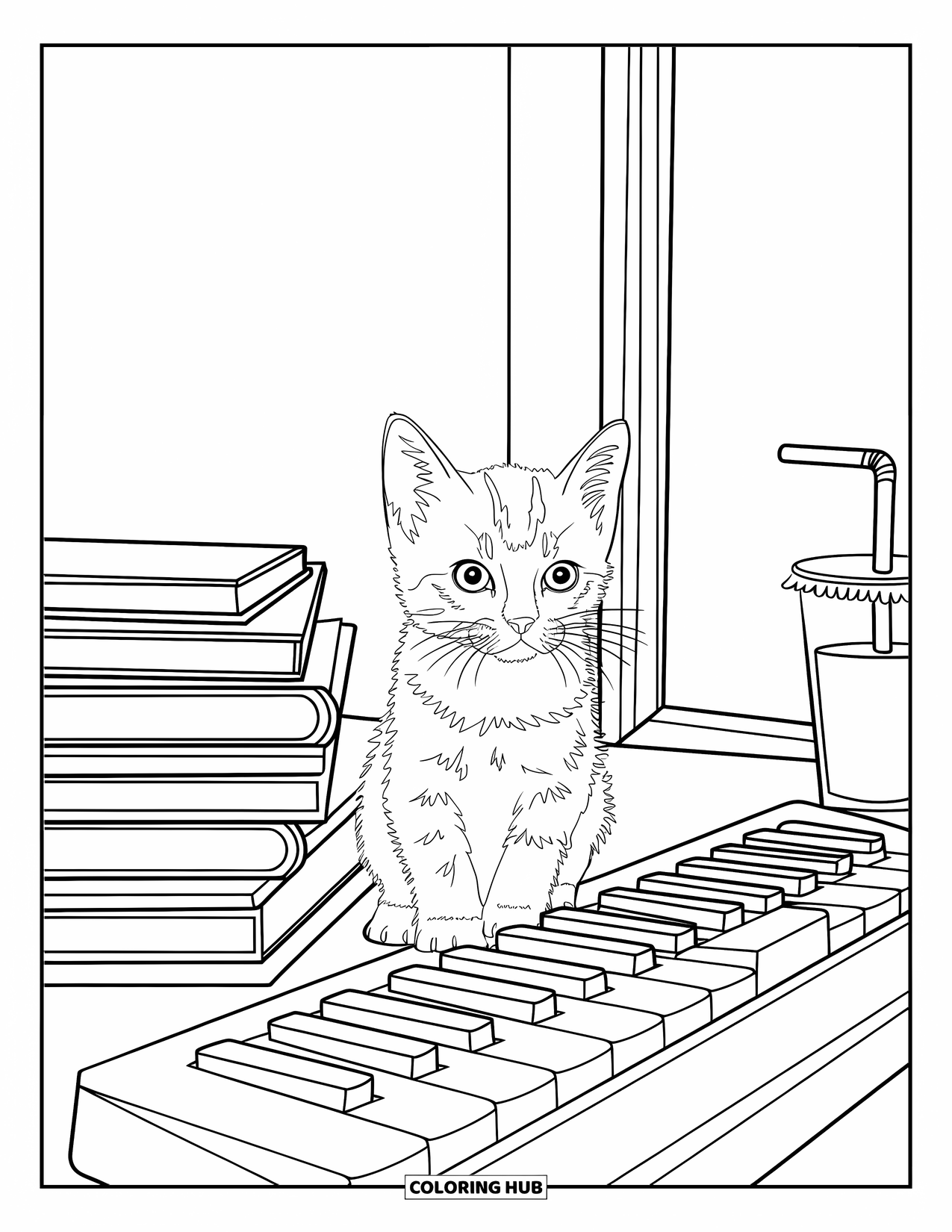 Letter K Coloring Page for Kids: A cute kitten rests by books and a drink on a wooden desk