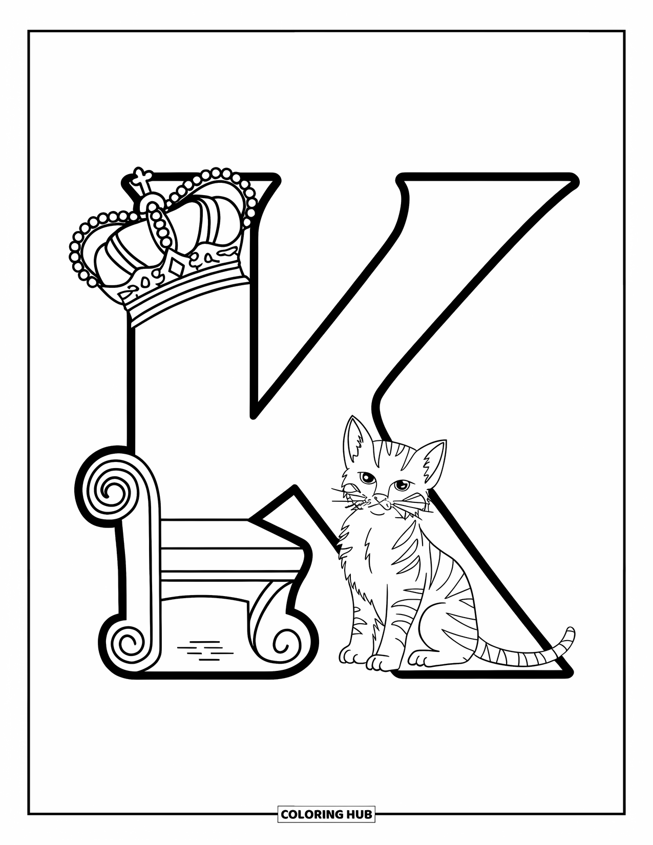 Letter K Coloring Page for Kids: A fluffy kitten rests near a throne on the royal letter K