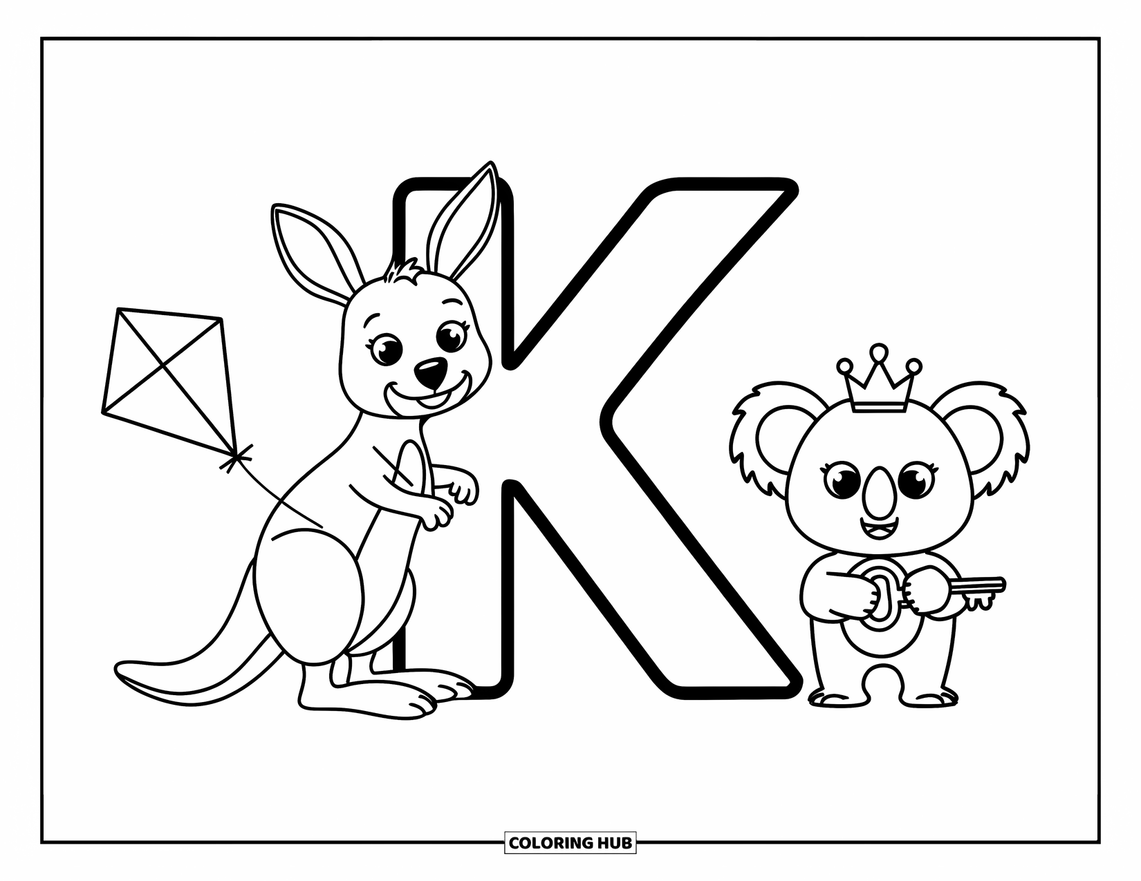 Letter K Coloring Page for Kids: A kangaroo holds a kite beside K while a crowned koala holds a key