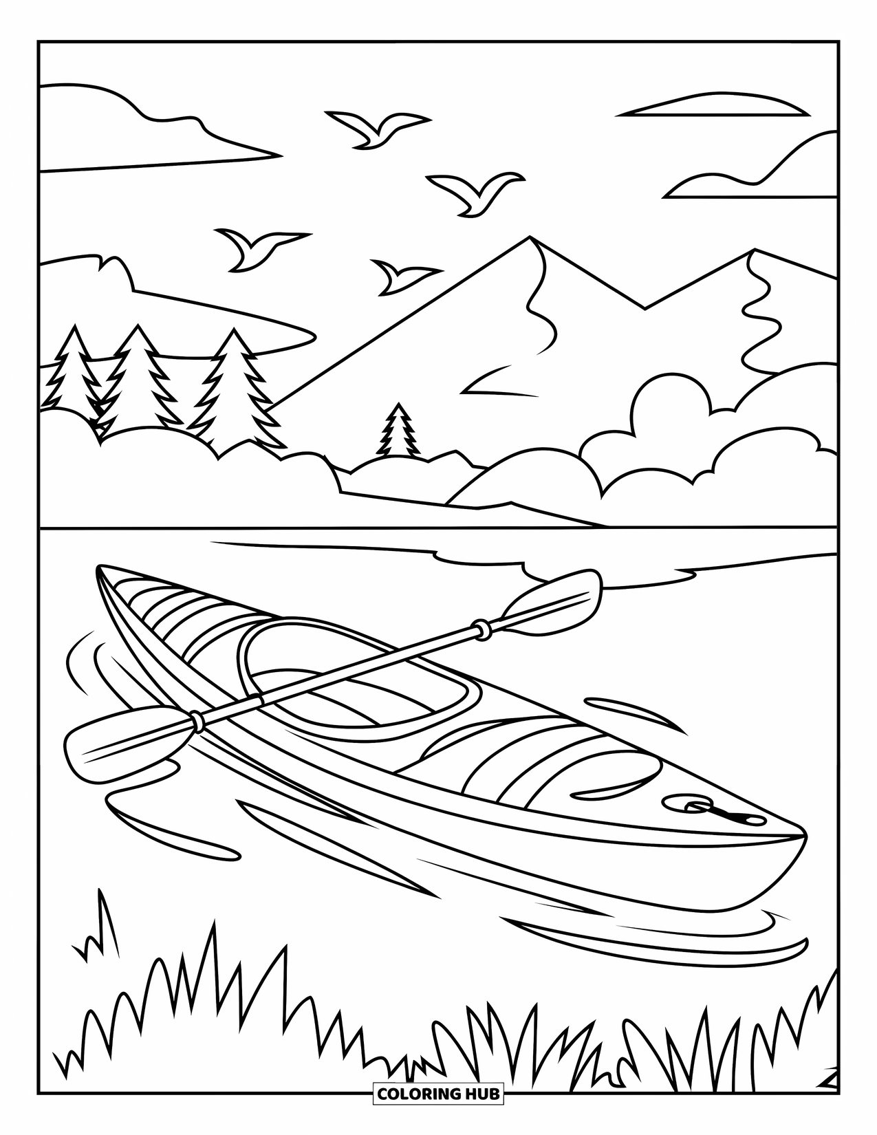Letter K Coloring Page for Kids: A kayak floats in calm water with birds and trees all around