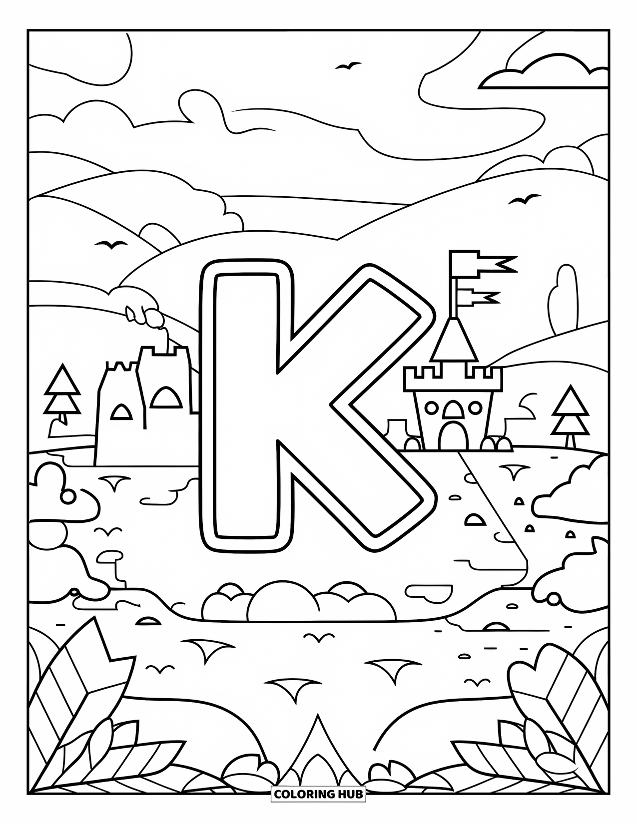 Letter K Coloring Page for Kids: A kingdom, flags, and birds surround the stone-built letter K