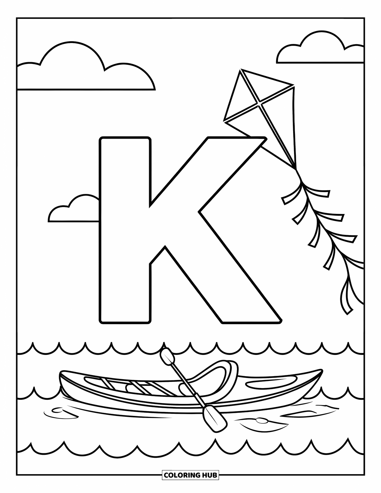 Letter K Coloring Page for Kids: A kite and kayak appear above and below the letter K