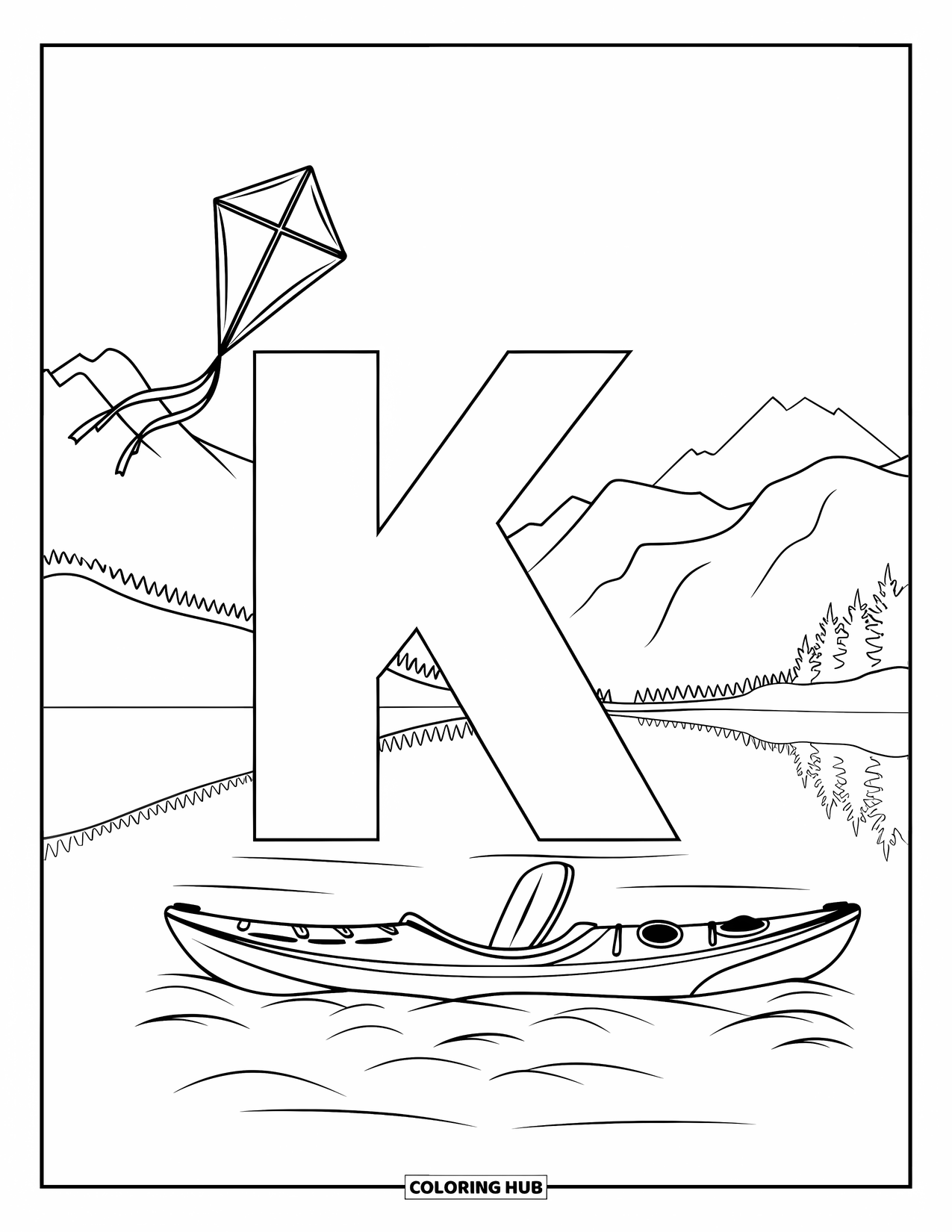 Letter K Coloring Page for Kids: A kite flies and a kayak floats around the letter K