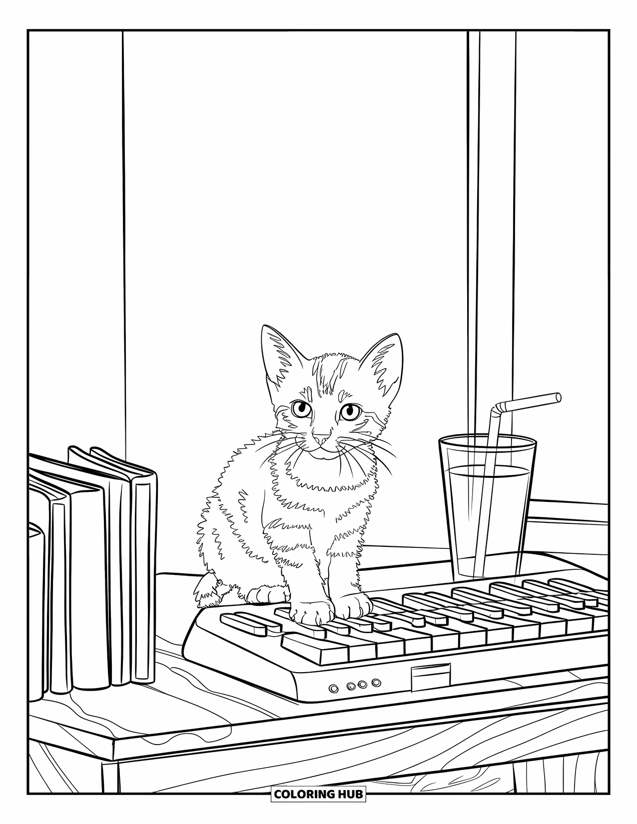 Letter K Coloring Page for Kids: A kitten sits on a keyboard near books and a glass with a straw