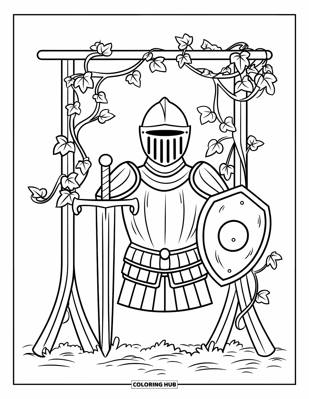 Letter K Coloring Page for Kids: A knight's armor rack stands beside a sword and ivy-covered shield
