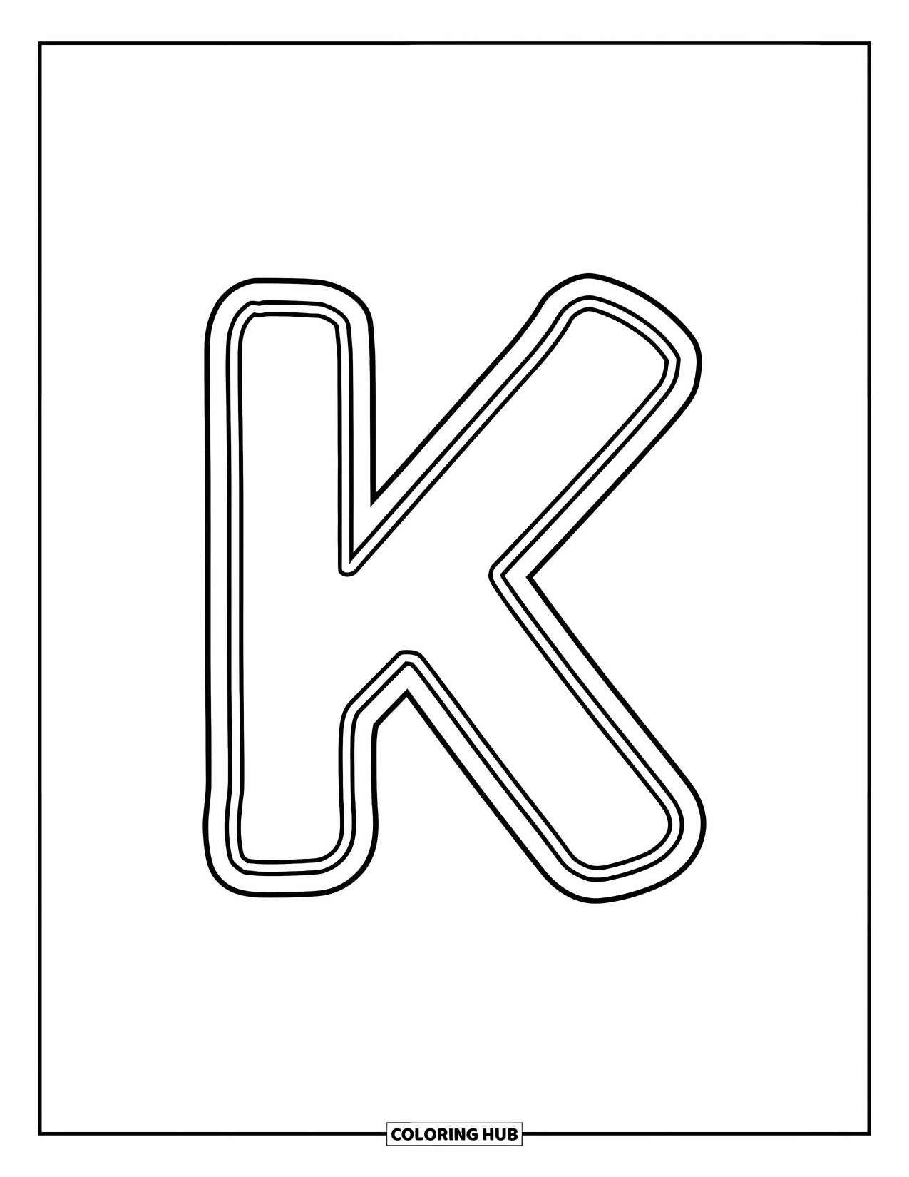 Letter K Coloring Page for Kids: A playful lowercase k with bold outlines, easy and fun to color