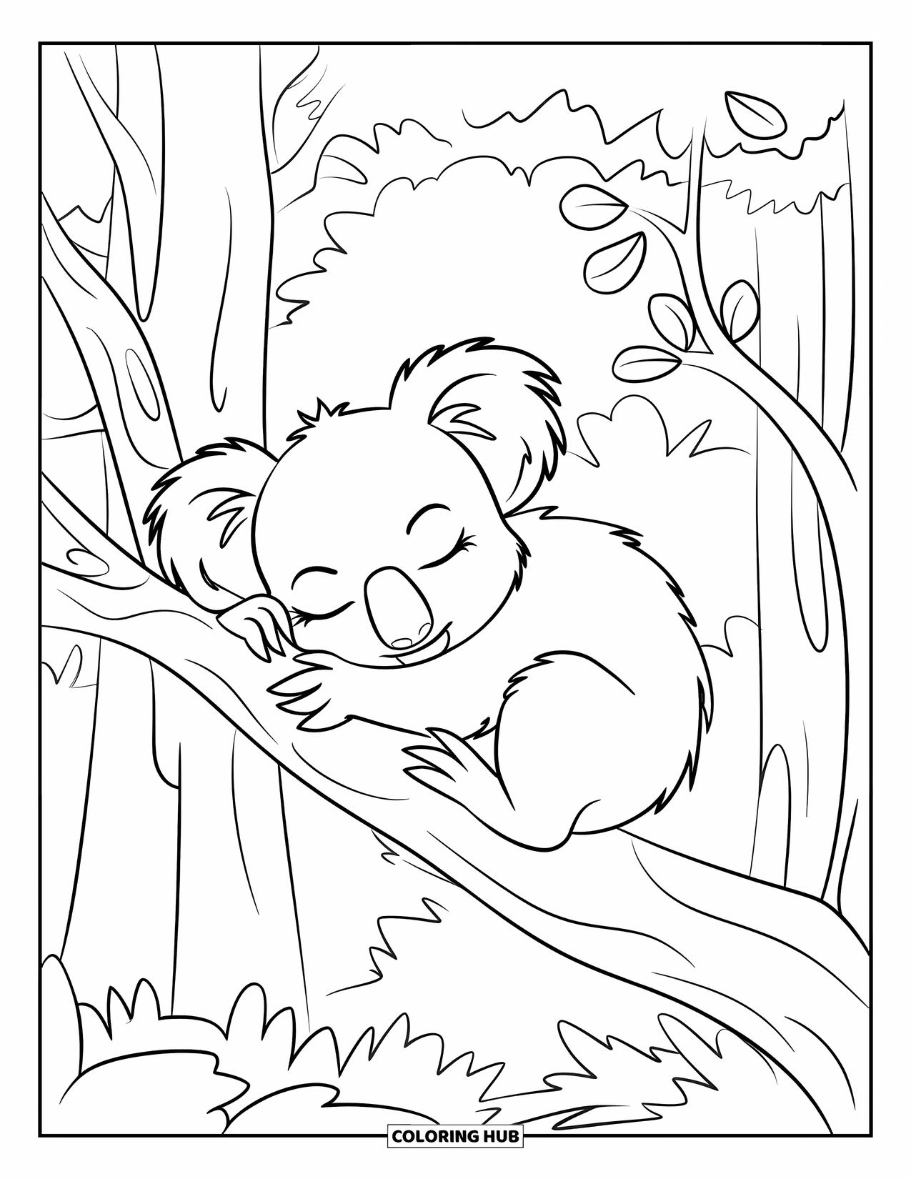 Letter K Coloring Page for Kids: A sleepy koala naps on a tree branch in a peaceful forest