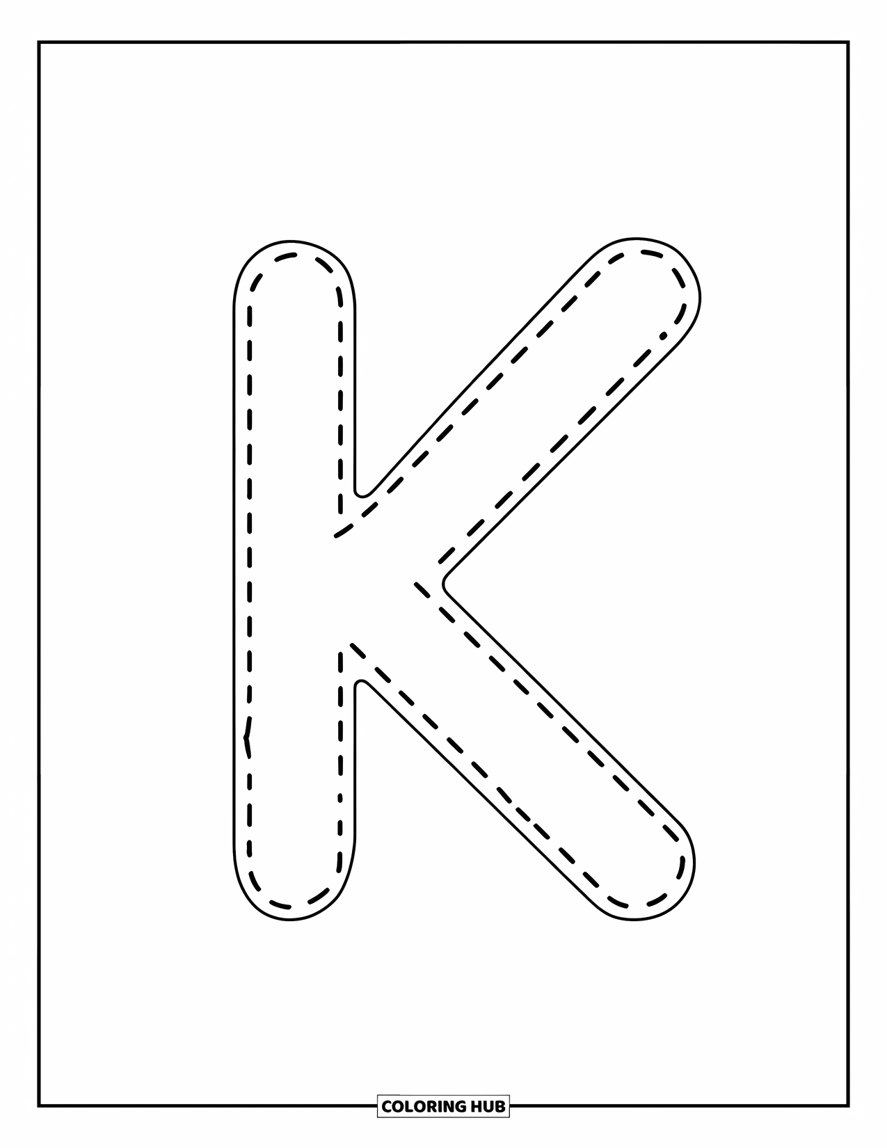 Letter K Coloring Page for Kids: A small k with dotted lines helps little ones trace with ease