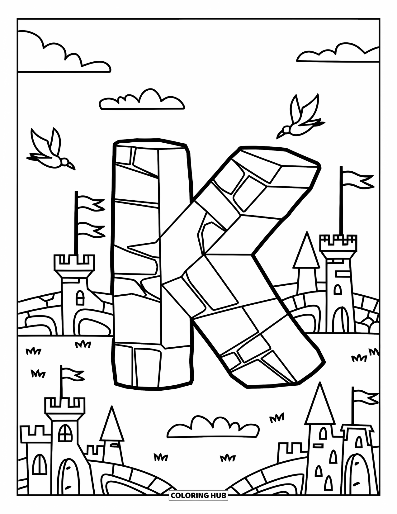 Letter K Coloring Page for Kids: A stone letter K stands in a tiny kingdom of castles and flags