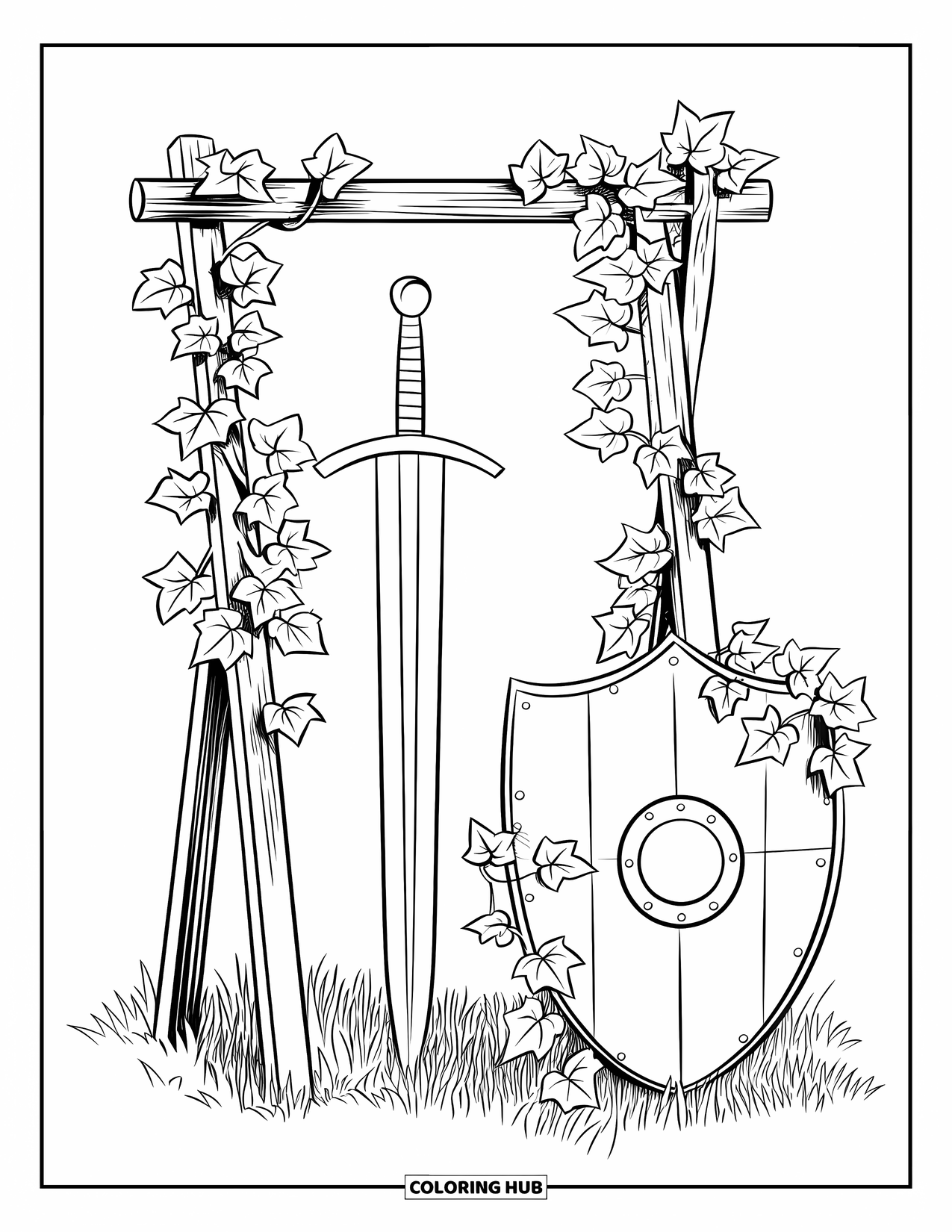 Letter K Coloring Page for Kids: A suit of armor, sword, and shield rest under curling ivy vines