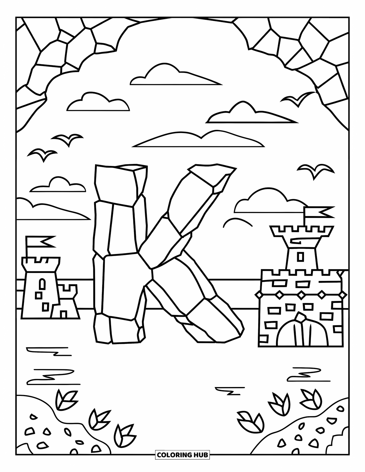 Letter K Coloring Page for Kids: A tiny castle and flags decorate the kingdom scene around letter K