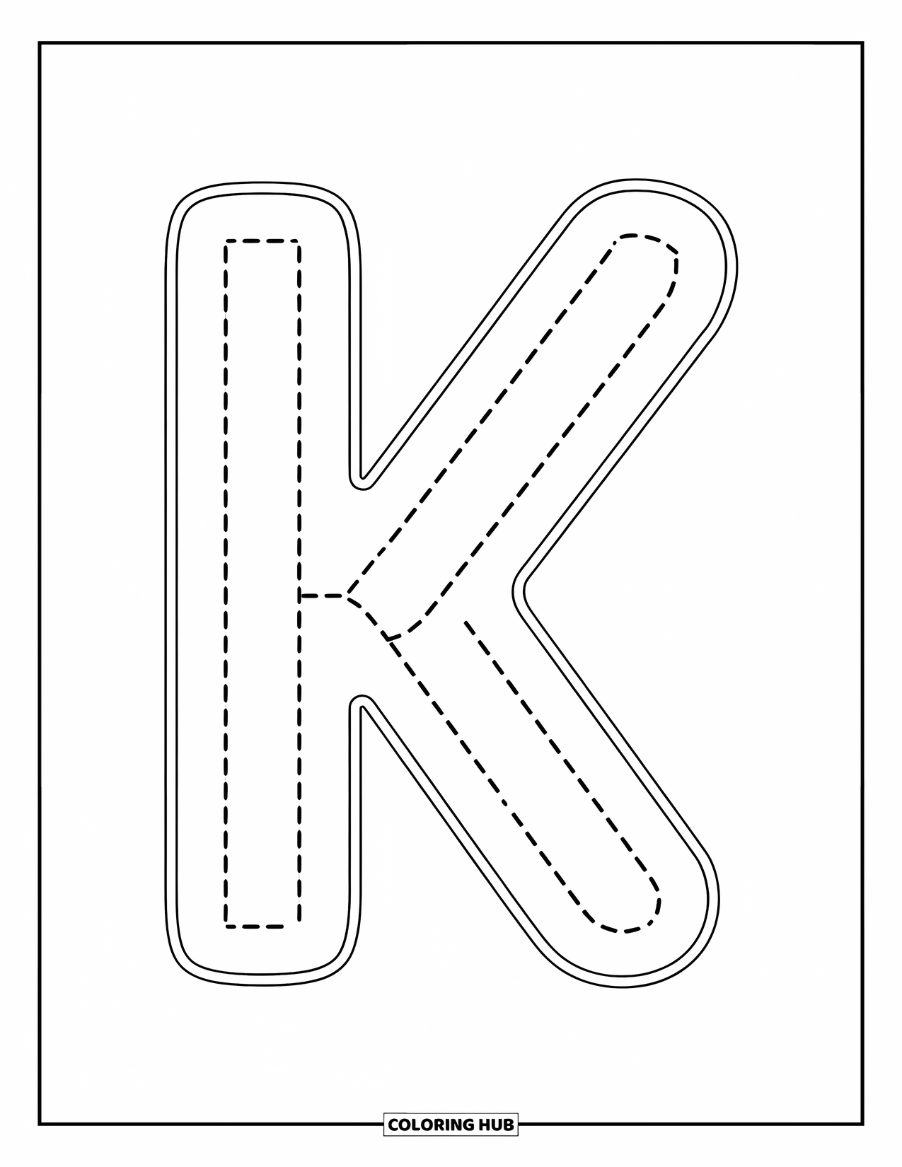 Letter K Coloring Page for Kids: Centered dotted K helps preschoolers learn letter shapes playfully
