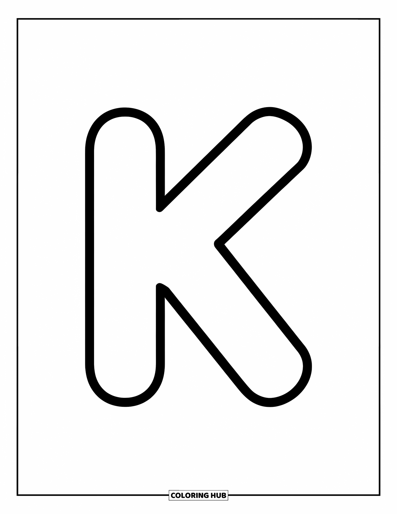 Letter K Coloring Page for Kids: Cheerful uppercase K with thick lines, perfect for preschool coloring