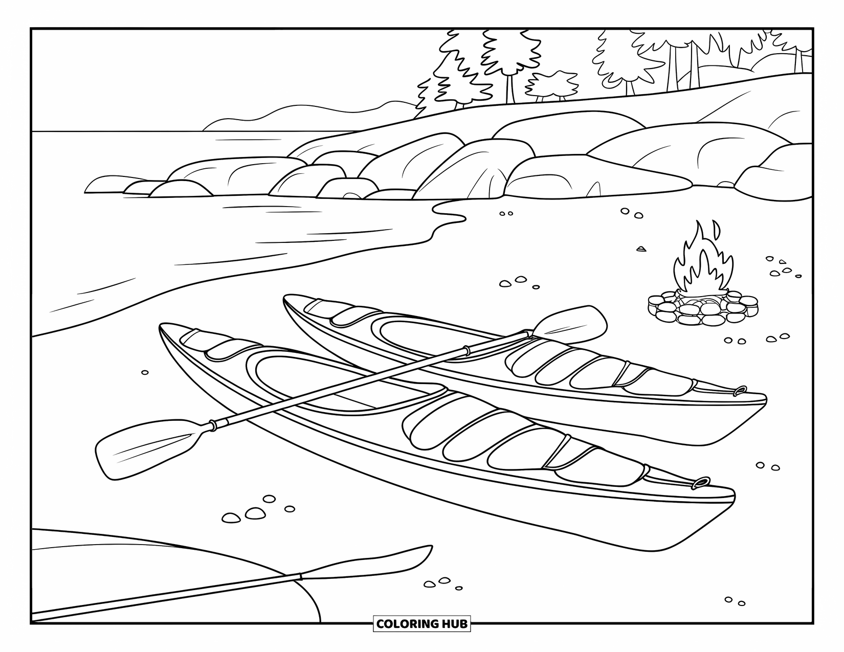 Letter K Coloring Page for Kids: Kayaks rest on a quiet beach near paddles and a cozy fire pit