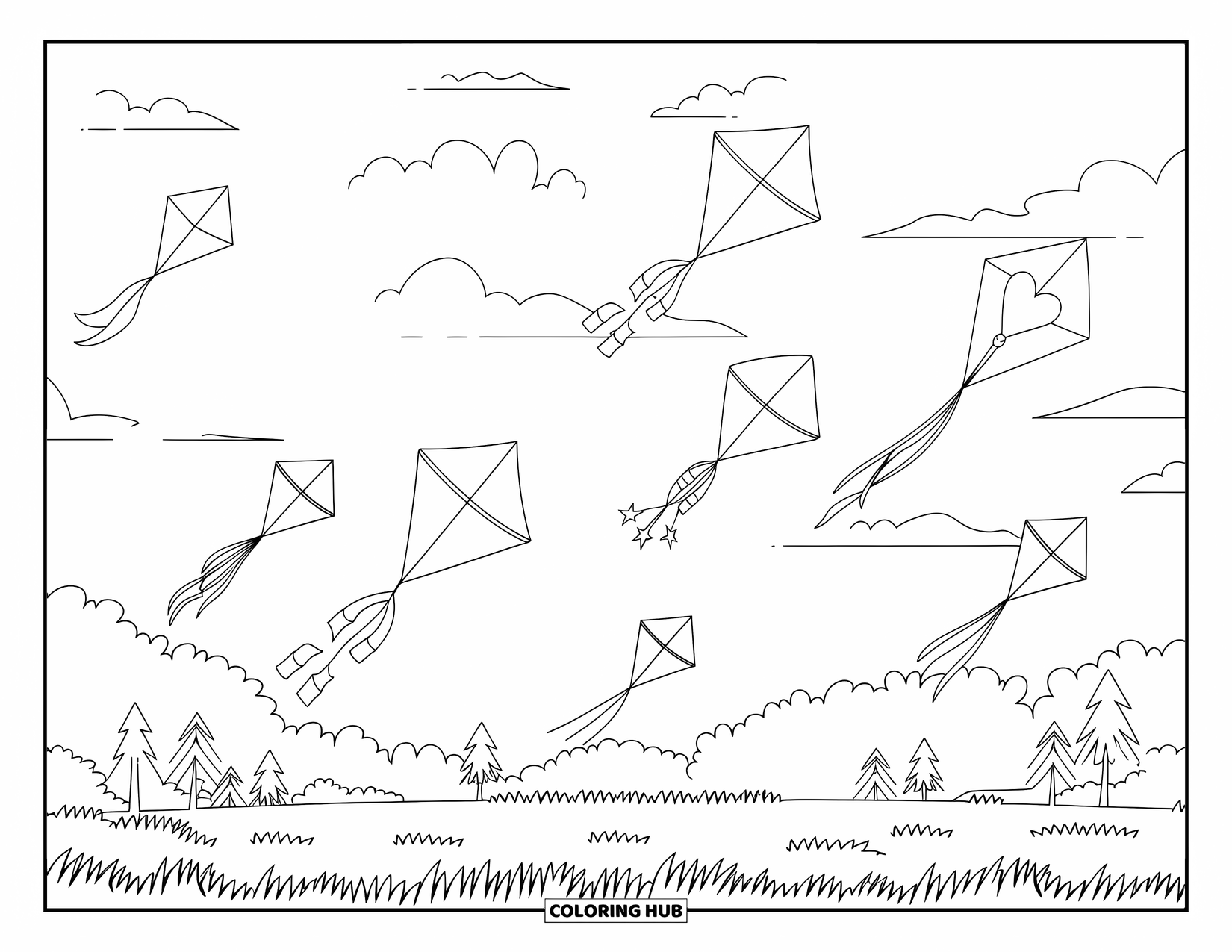 Letter K Coloring Page for Kids: Kites of all shapes float above a field during a fun kite festival