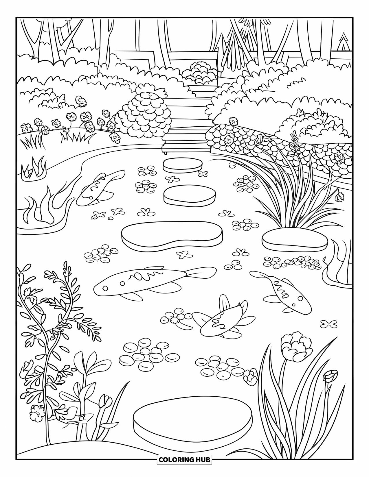 Letter K Coloring Page for Kids: Stepping stones cross a pond filled with koi, flowers, and a wooden bridge