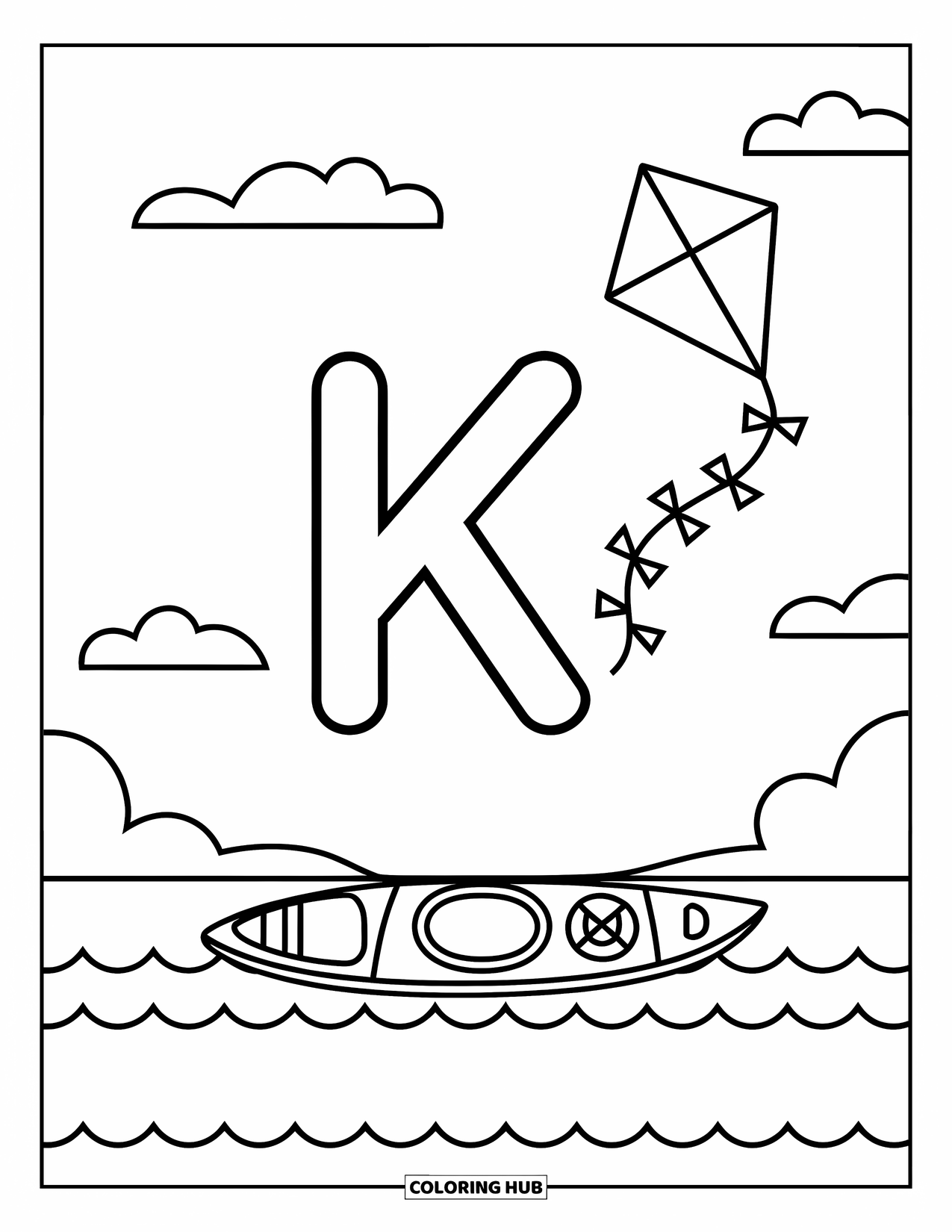 Letter K Coloring Page for Kids: The letter K connects a soaring kite and a floating kayak
