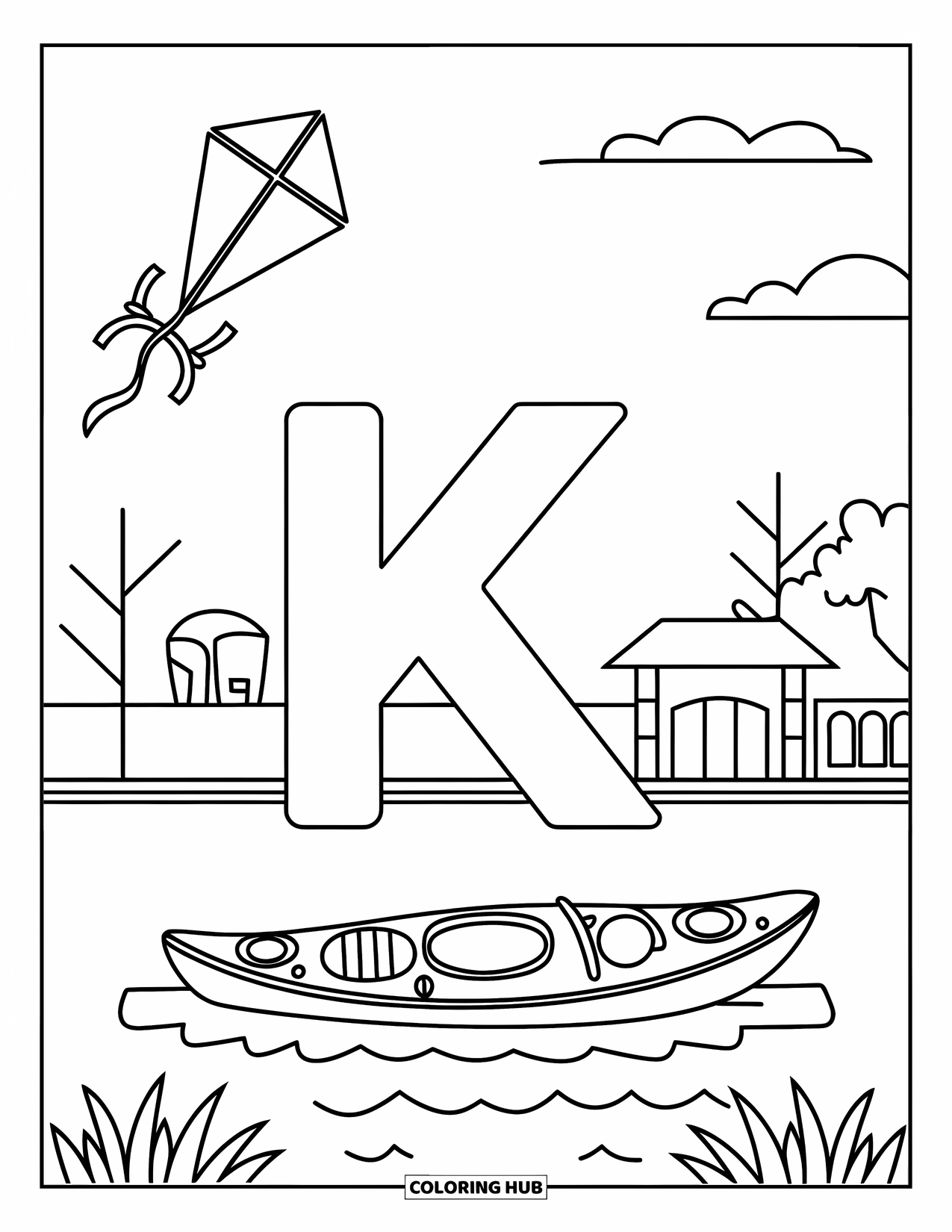 Letter K Coloring Page for Kids: The letter K stands between a peaceful sky and lake