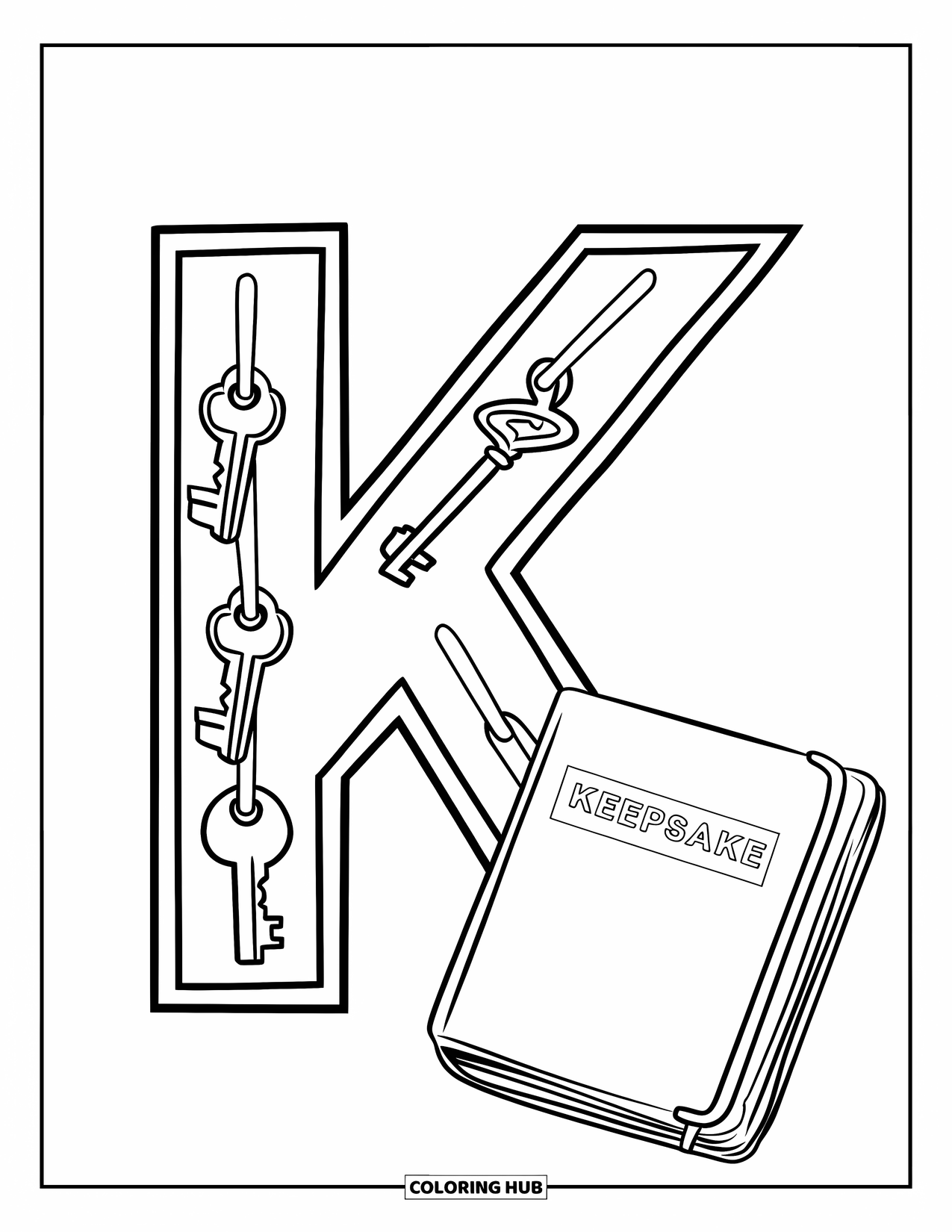 Letter K Coloring Page for Kids: The letter K stands tall with keys and a keepsake notebook nearby