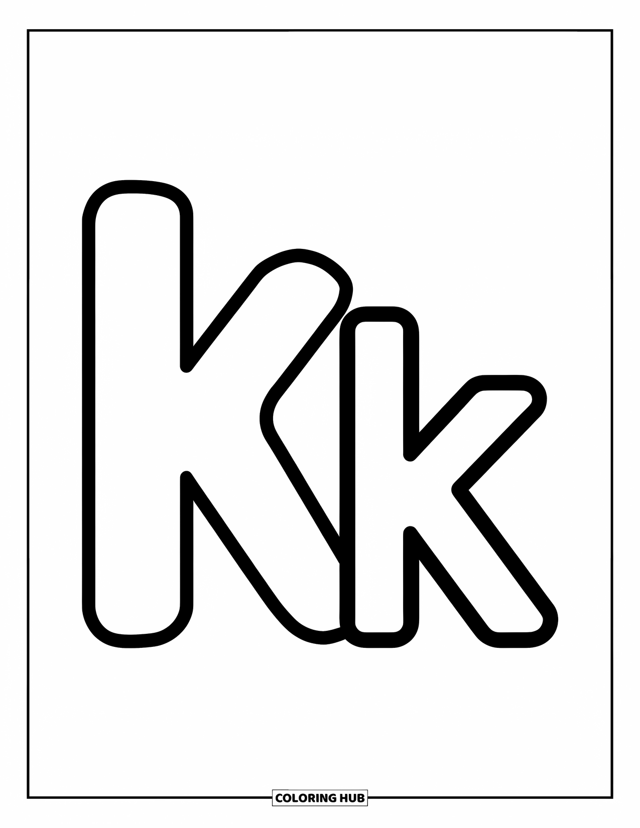 Letter K Coloring Page for Kids: Uppercase and lowercase K side by side with bold lines for easy coloring
