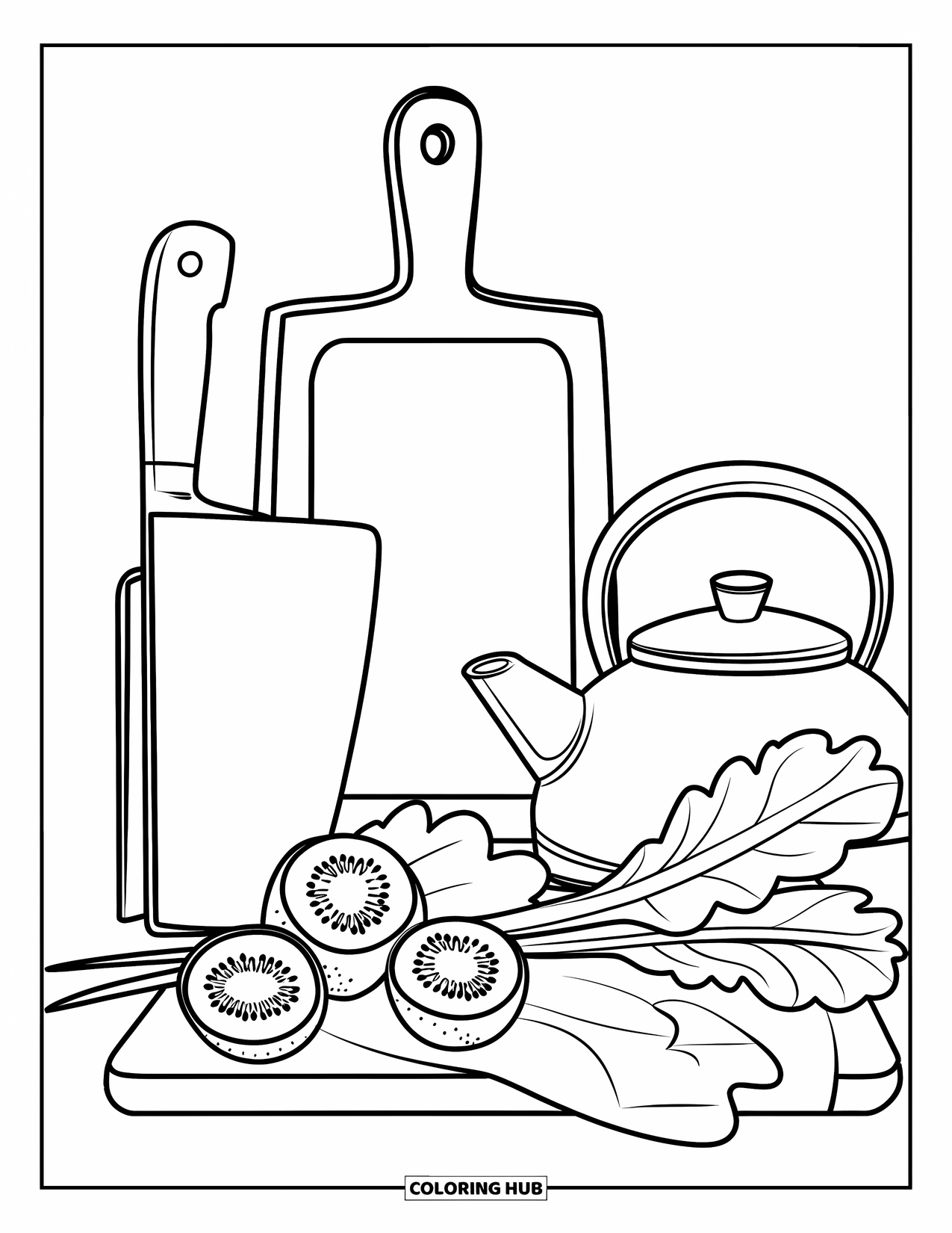 Letter K Coloring Page for Kids: Utensils, kiwi slices, and kale are arranged neatly for a cozy kitchen scene