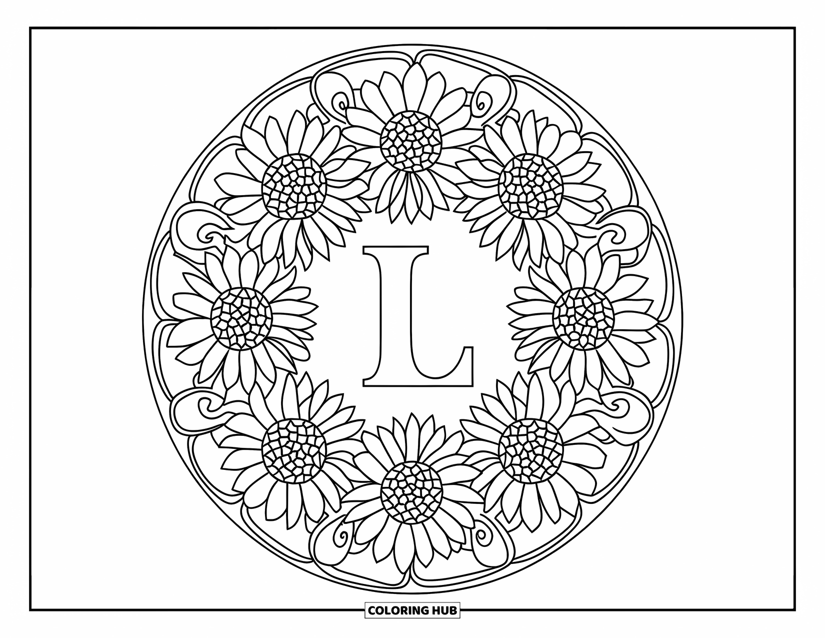 Letter L Coloring Page for Adults: A bold letter L sits at the center of a sunflower and vine mandala