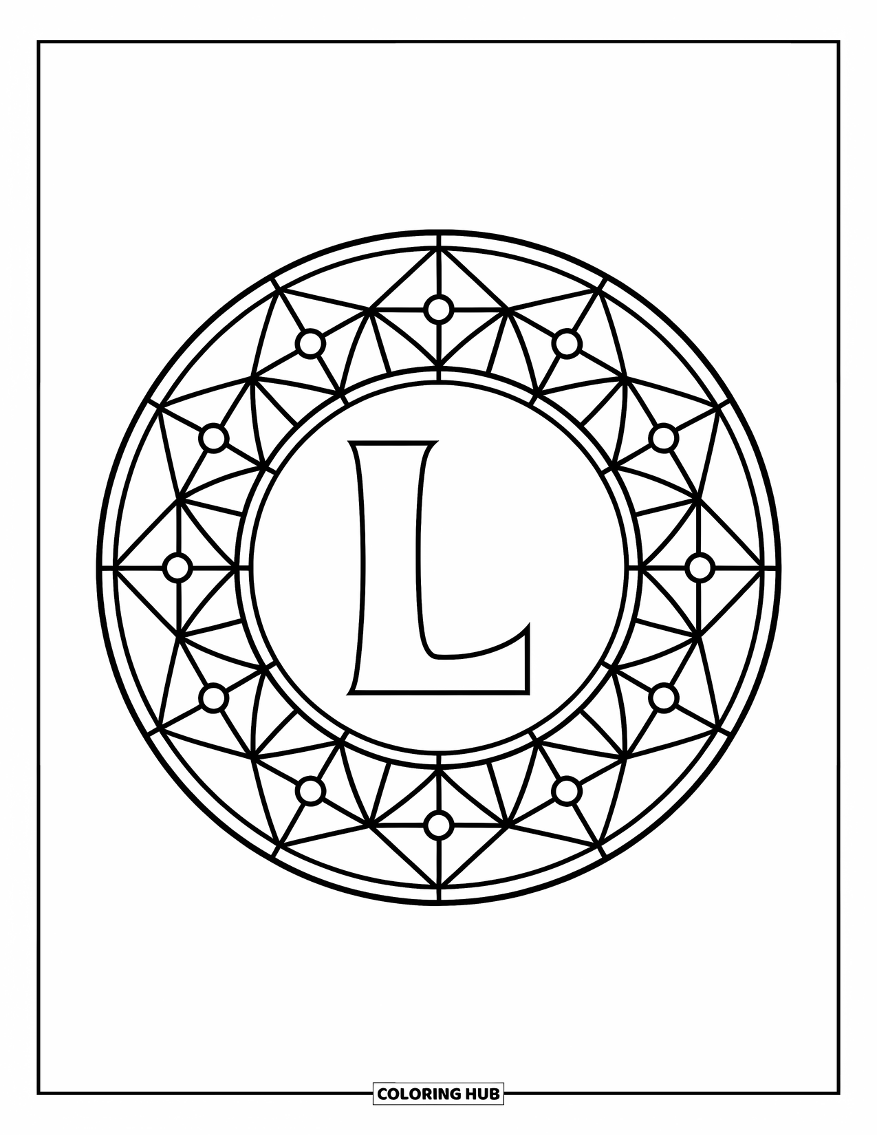 Letter L Coloring Page for Adults: A bold letter L sits inside a stained glass-style flower circle