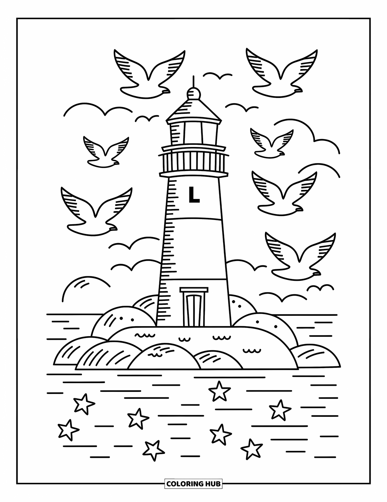 Letter L Coloring Page for Adults: A cute lighthouse forms an L by the shore with starfish and flying seagulls