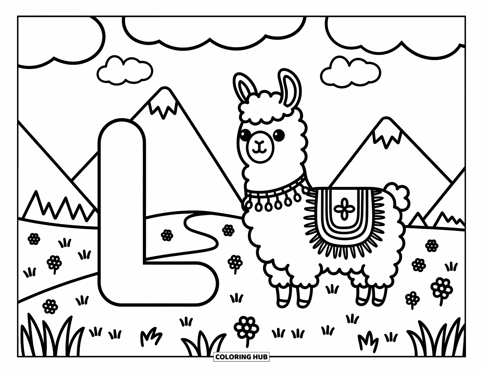 Letter L Coloring Page for Adults: A cute llama with a cozy blanket stands beside the letter L in a mountain valley