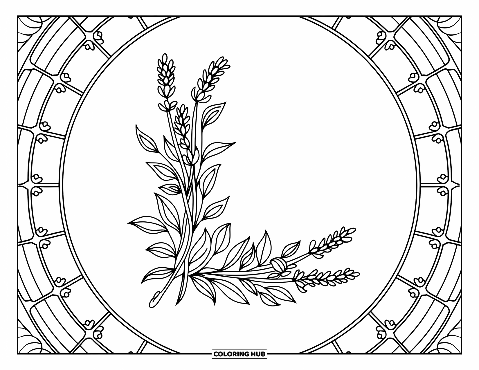 Letter L Coloring Page for Adults: A delicate L made of lavender is framed by a floral stained glass circle