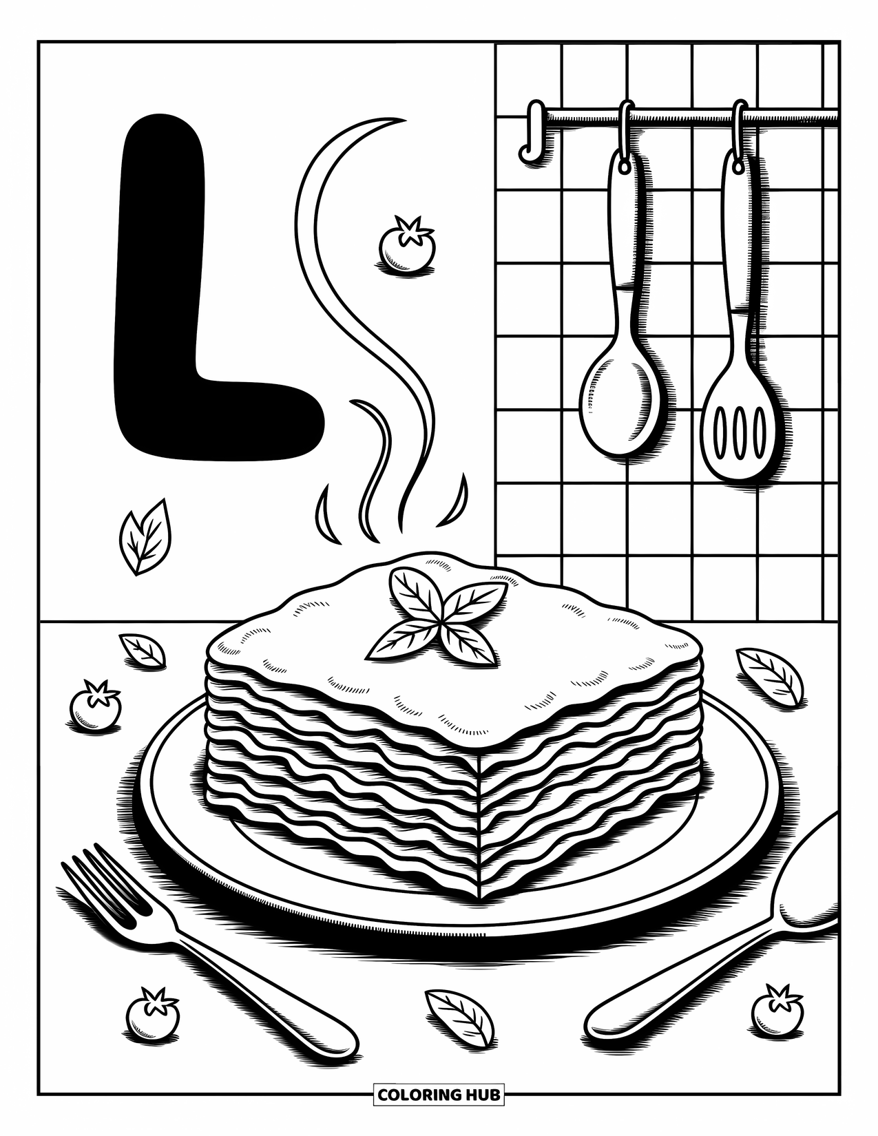 Letter L Coloring Page for Adults: A delicious lasagna rests near L with basil doodles and a tiled kitchen wall