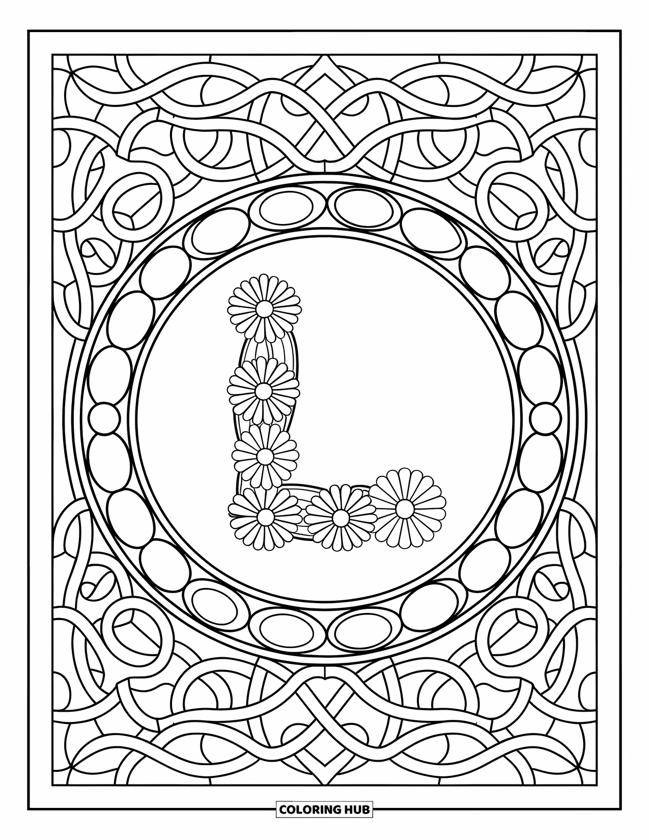 Letter L Coloring Page for Adults: A flowery stained glass circle holds the letter L in the middle