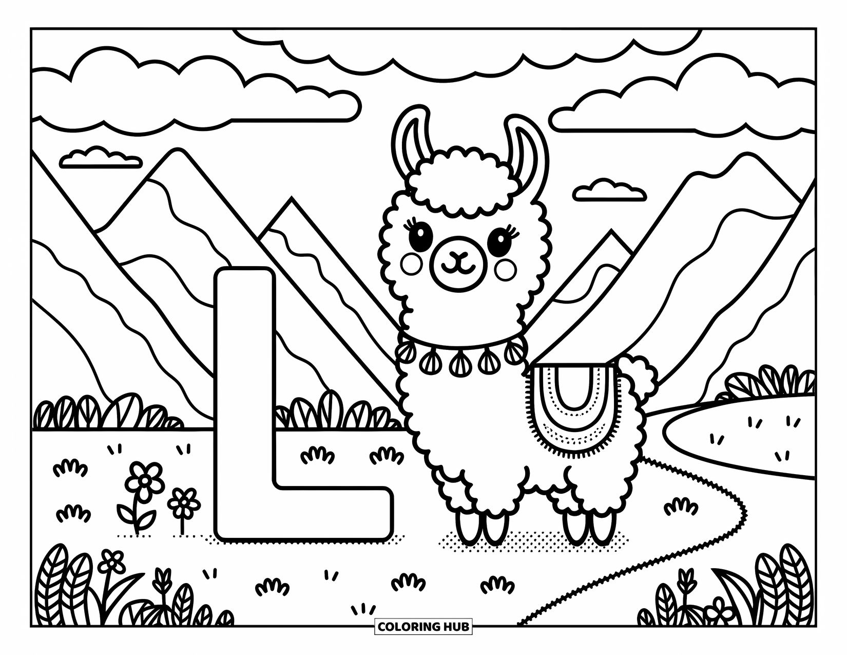 Letter L Coloring Page for Adults: A happy llama with a patterned blanket stands beside L in a serene valley scene