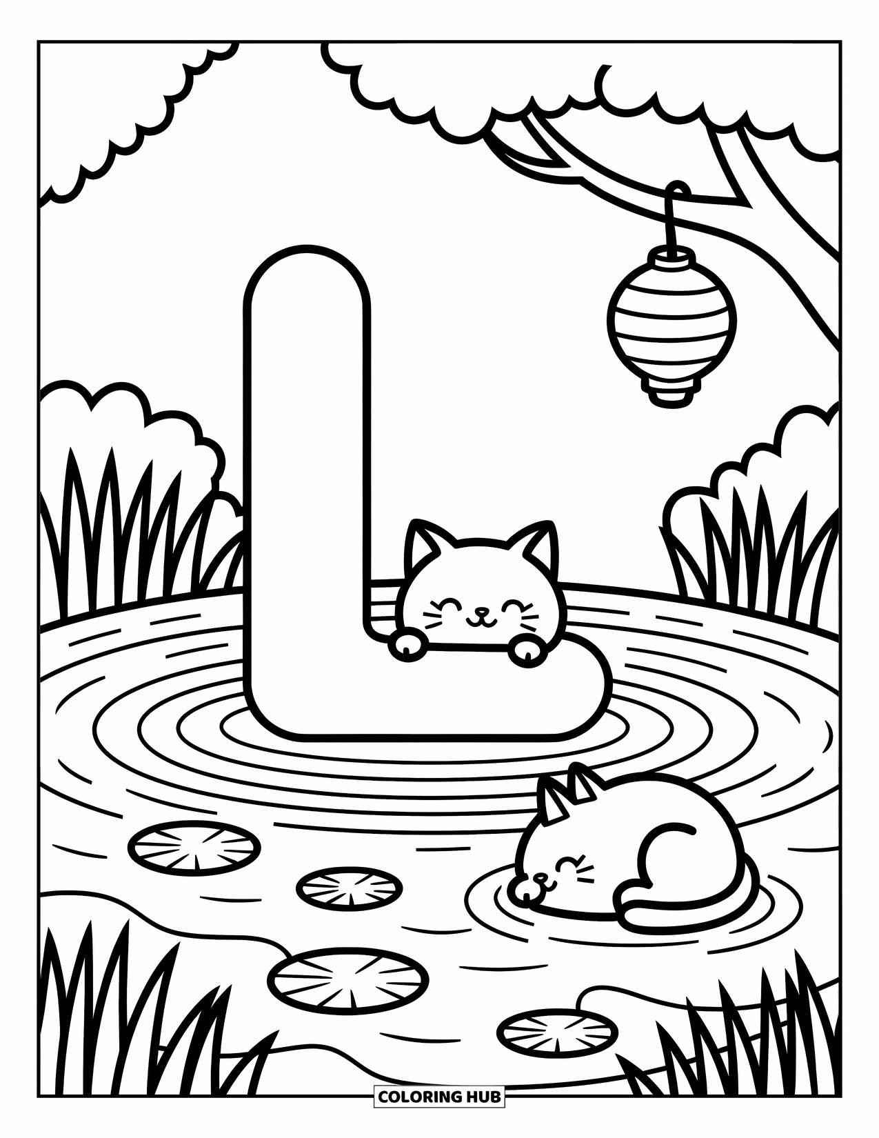Letter L Coloring Page for Adults: A sleepy cat and lantern rest by L in a quiet pond with lily pads