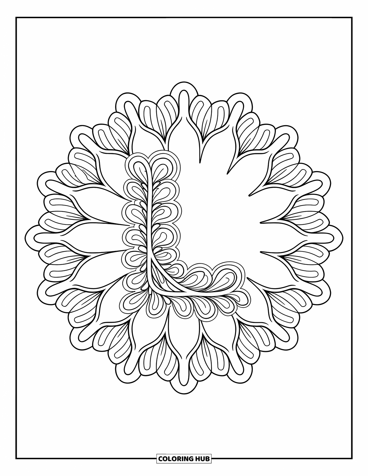 Letter L Coloring Page for Adults: A swirl-filled daisy mandala surrounds the letter L