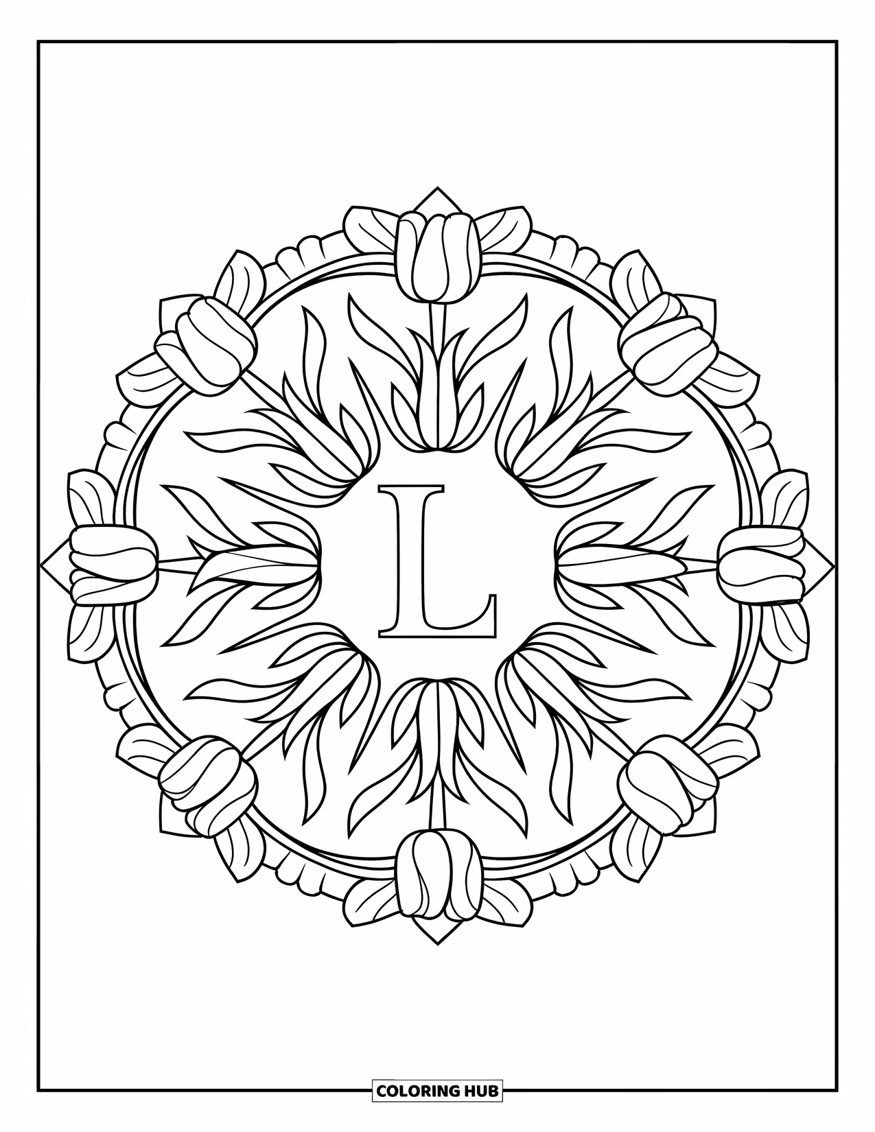 Letter L Coloring Page for Adults: A tulip mandala with leafy petals surrounds a bold letter L