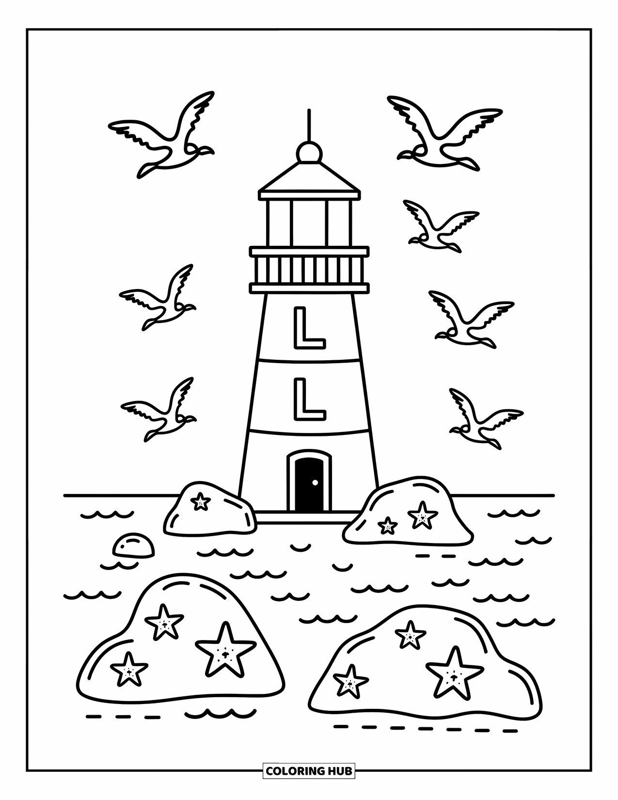 Letter L Coloring Page for Adults: An L-shaped lighthouse sits on rocks with waves, starfish, and playful seagulls